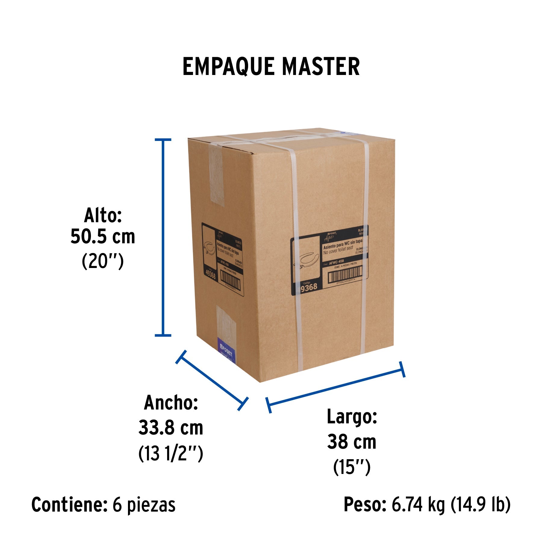 Asiento alargado sin tapa para taza fluxómetro, blanco,FOSET - Empaque