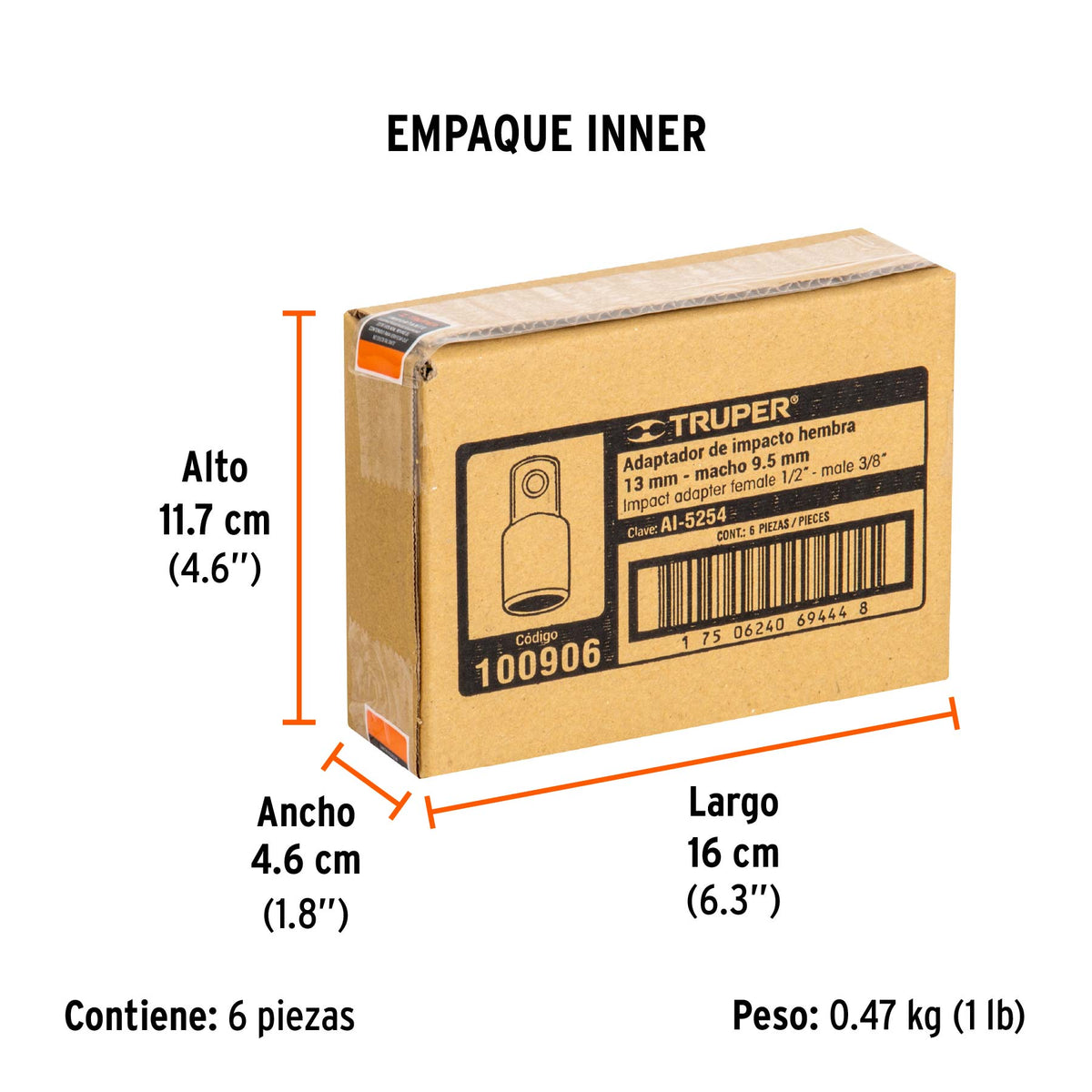 Adaptador de impacto 1/2" (H) x 3/8" (M), TRUPER - Empaque