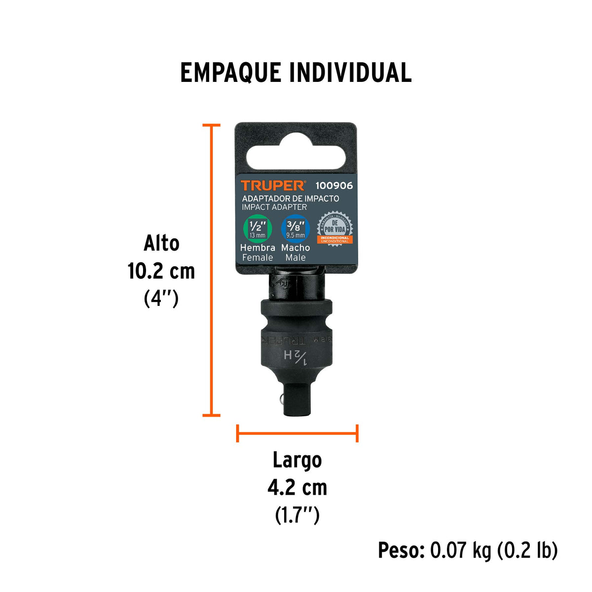 Adaptador de impacto 1/2" (H) x 3/8" (M), TRUPER - Empaque