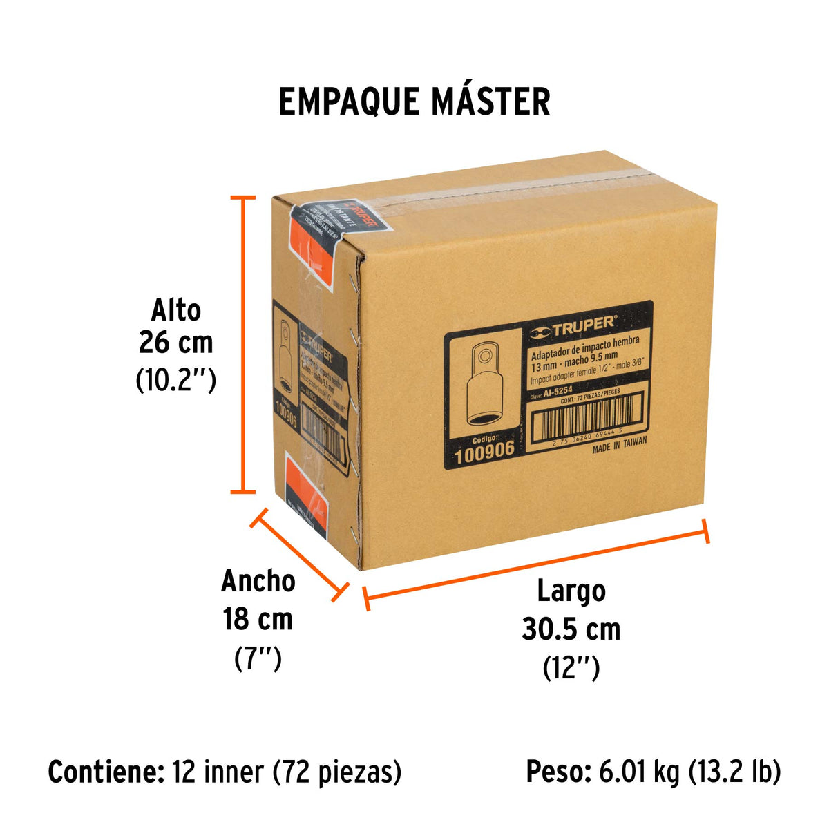 Adaptador de impacto 1/2" (H) x 3/8" (M), TRUPER - Empaque