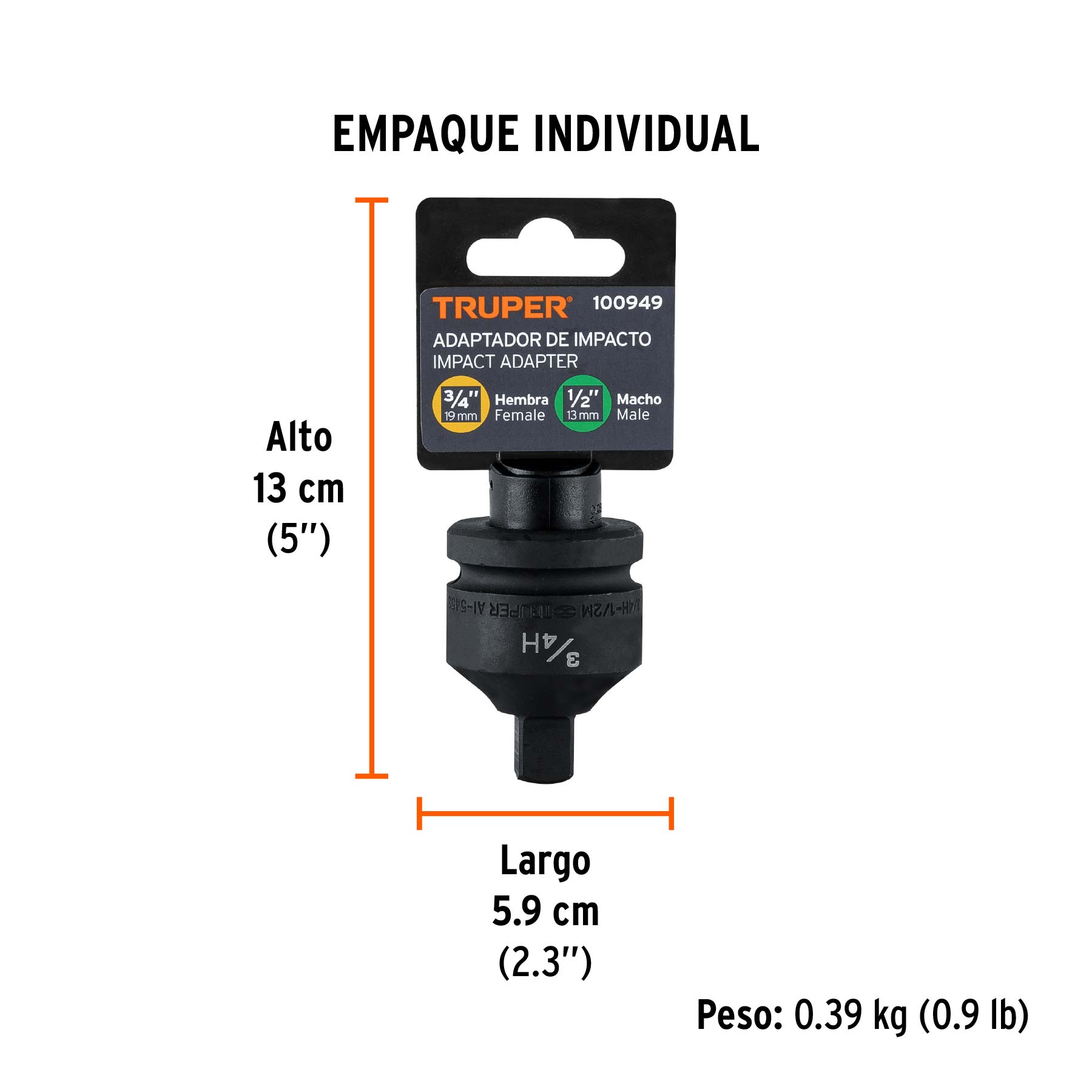 Adaptador de Impacto 3/4" (H) x 1/2" (M), TRUPER - Empaque