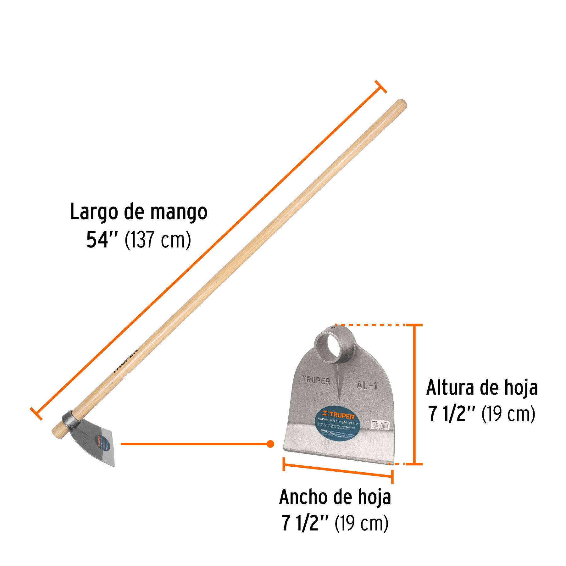 Azadón Lane No. 1 de 1.8 lb, mango madera de 54", TRUPER
