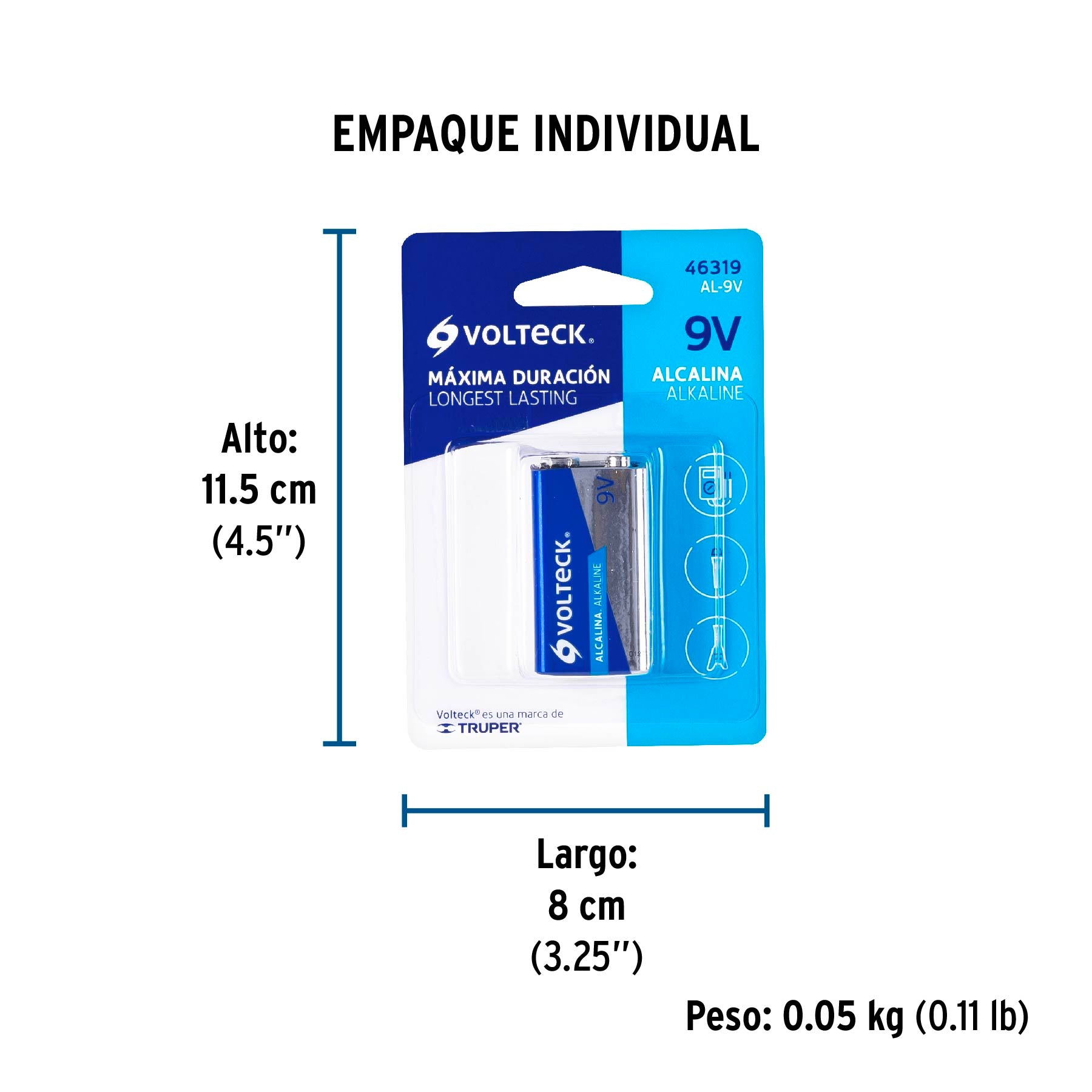 Blíster con 1 pila alcalina 9V, VOLTECK - Empaque