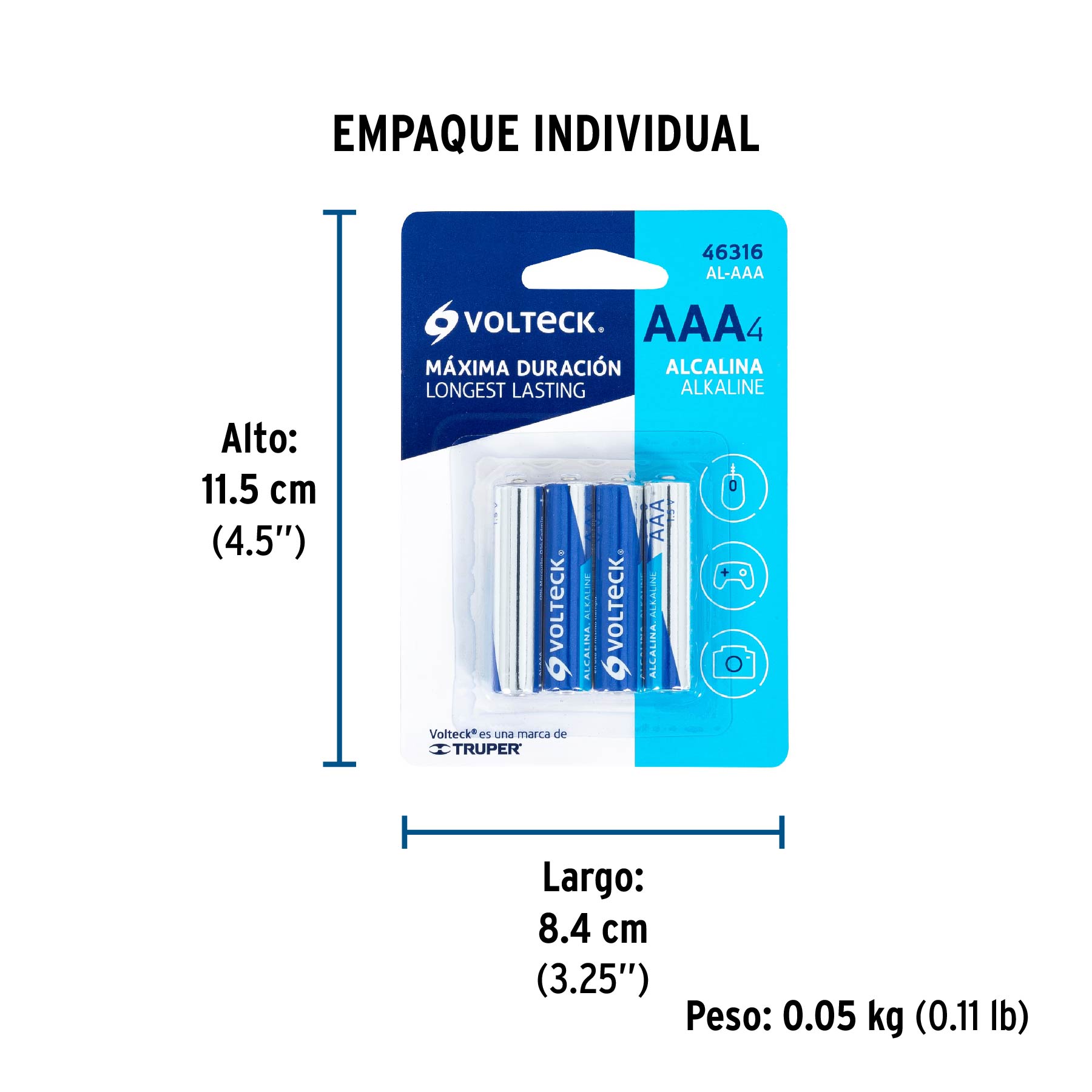Blíster con 4 pilas alcalinas AAA, VOLTECK - Empaque