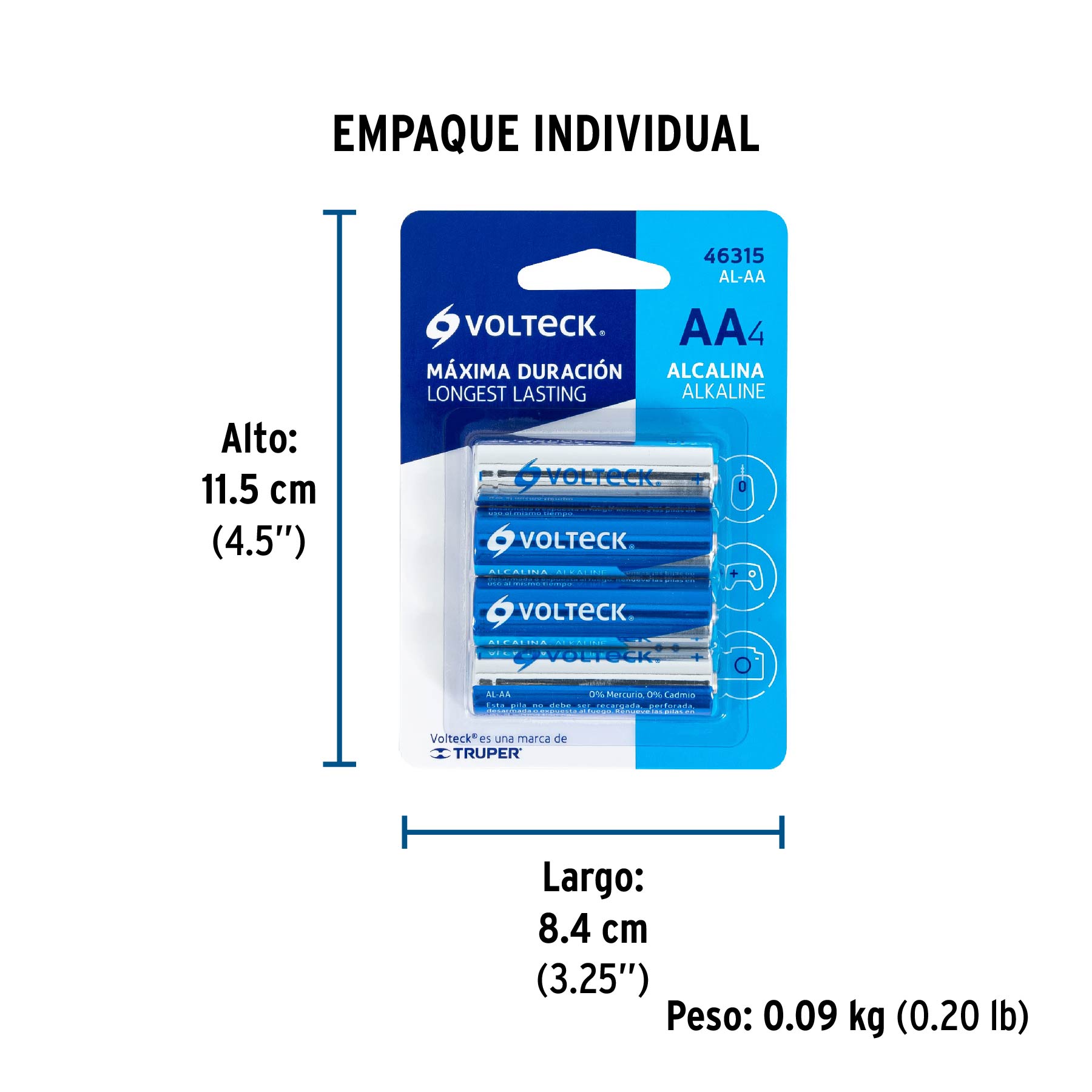 Blíster con 4 pilas alcalinas AA, VOLTECK - Empaque