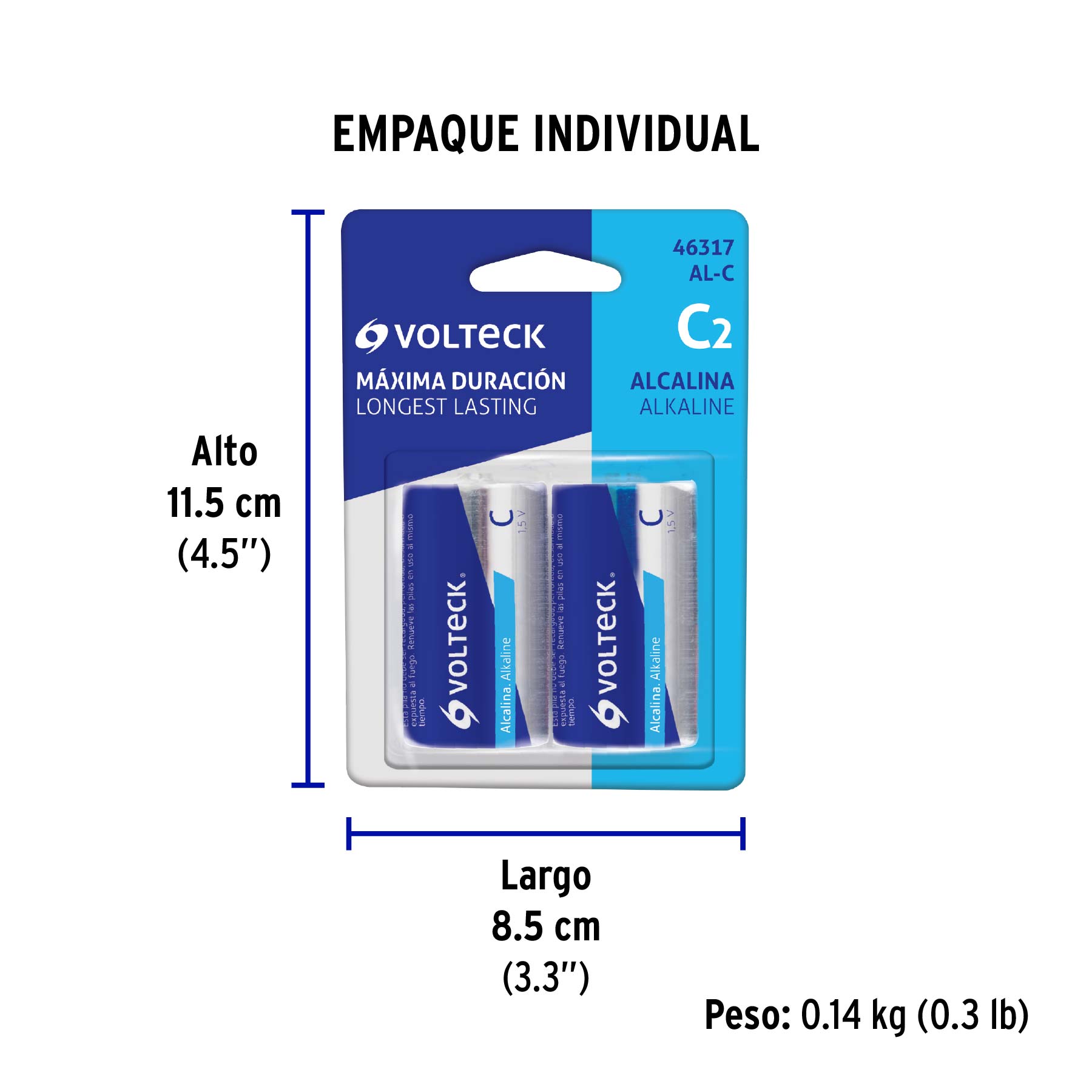 Blíster con 2 pilas alcalinas C, VOLTECK - Empaque