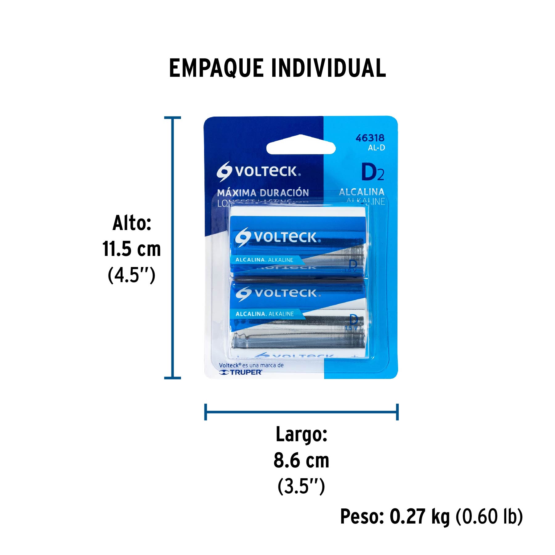 Blíster con 2 pilas alcalinas D, VOLTECK - Empaque