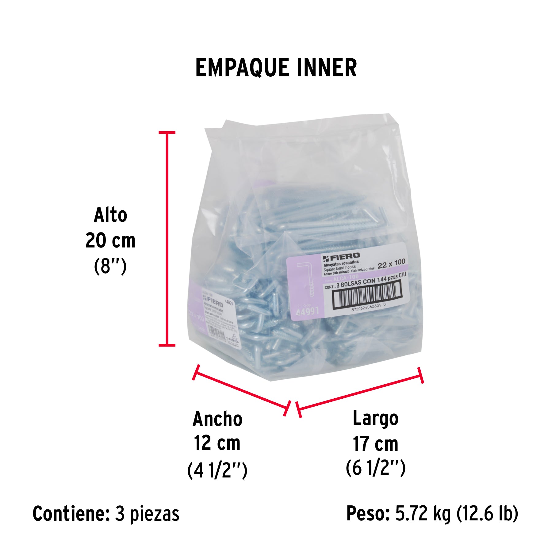 Bolsa con 144 alcayatas roscadas de 22 X 100, FIERO - Empaque
