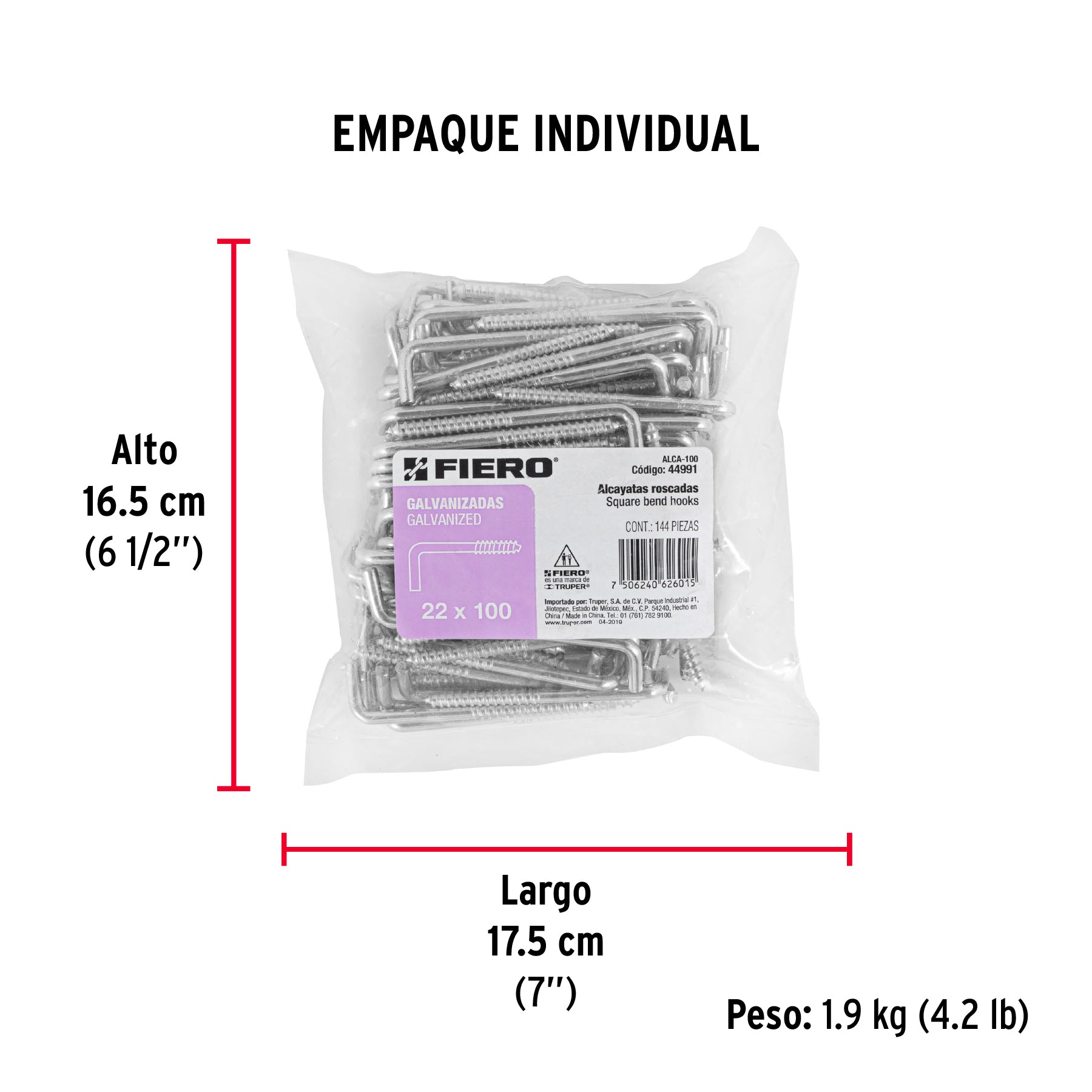 Bolsa con 144 alcayatas roscadas de 22 X 100, FIERO - Empaque