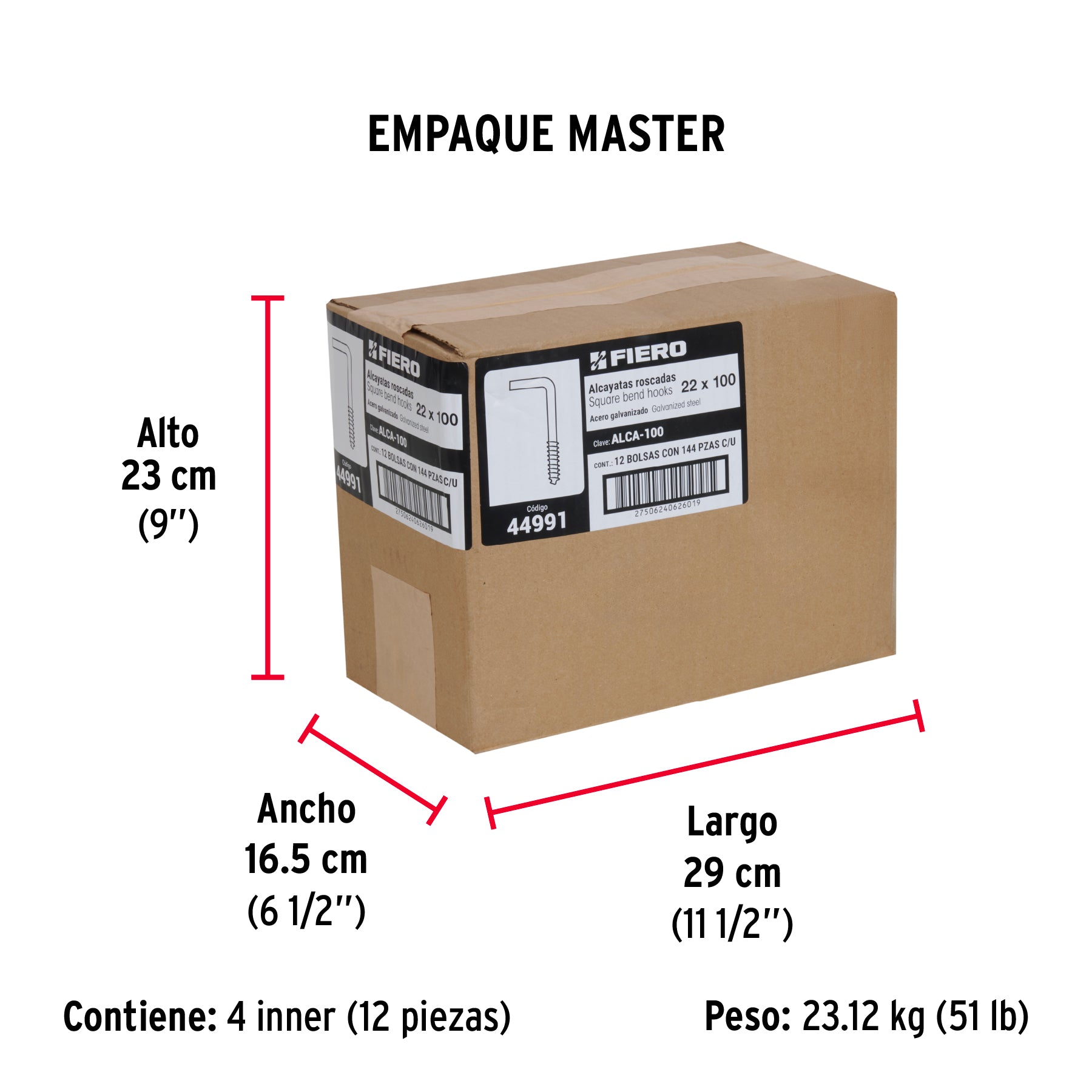 Bolsa con 144 alcayatas roscadas de 22 X 100, FIERO - Empaque