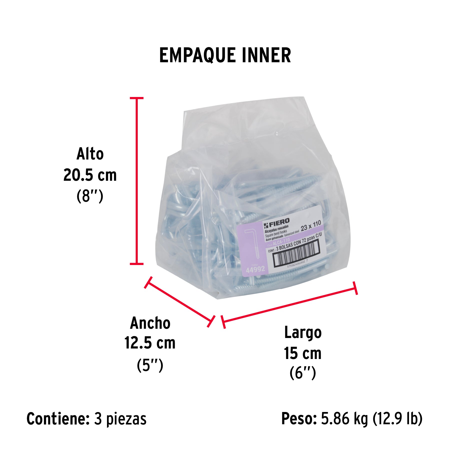 Bolsa con 72 alcayatas roscadas de 23 X 110, FIERO - Empaque
