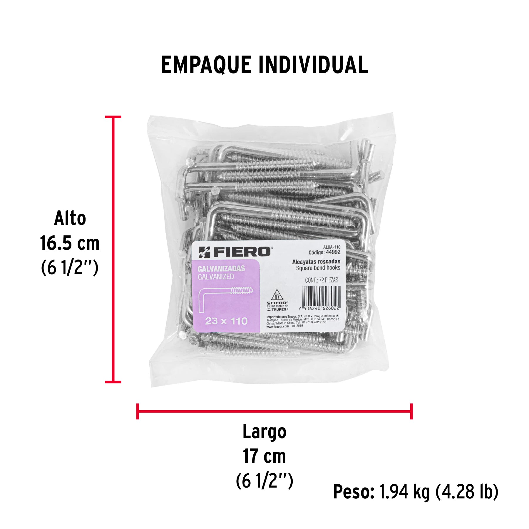 Bolsa con 72 alcayatas roscadas de 23 X 110, FIERO - Empaque
