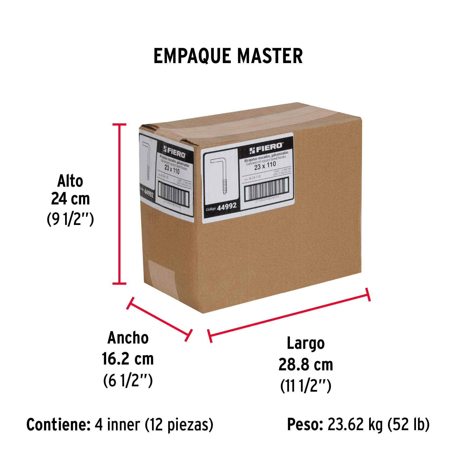 Bolsa con 72 alcayatas roscadas de 23 X 110, FIERO - Empaque