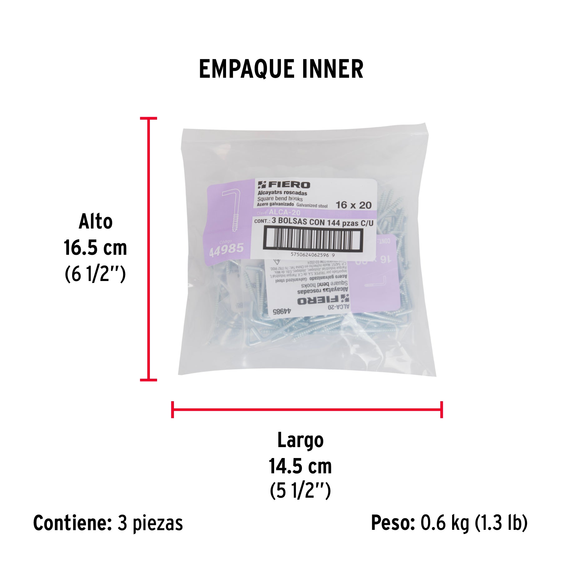 Bolsa con 144 alcayatas roscadas de 16 X 20, FIERO - Empaque