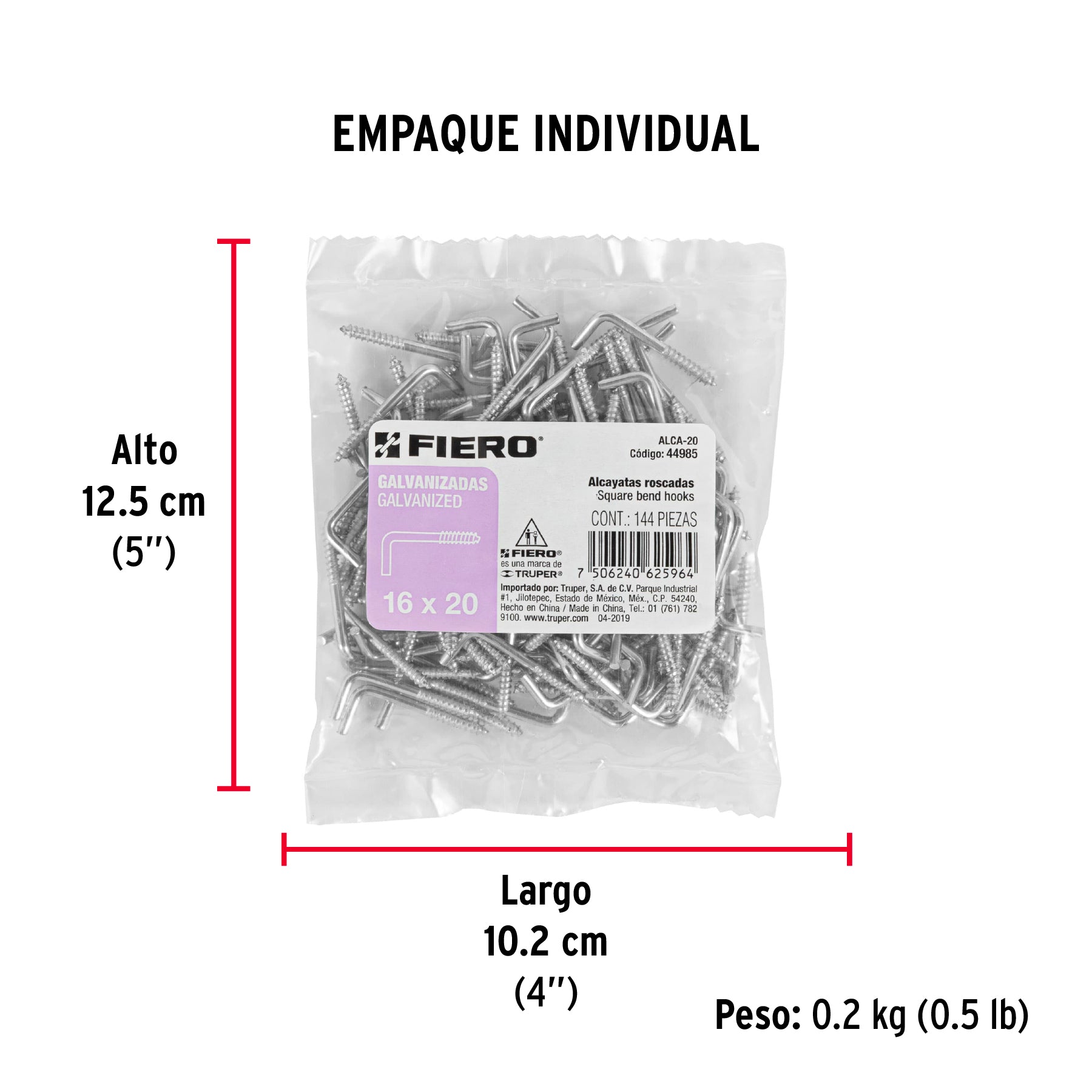 Bolsa con 144 alcayatas roscadas de 16 X 20, FIERO - Empaque
