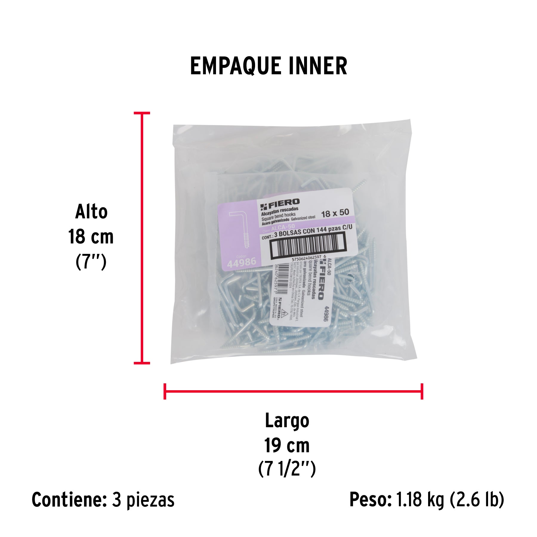 Bolsa con 144 alcayatas roscadas de 18 X 50, FIERO - Empaque