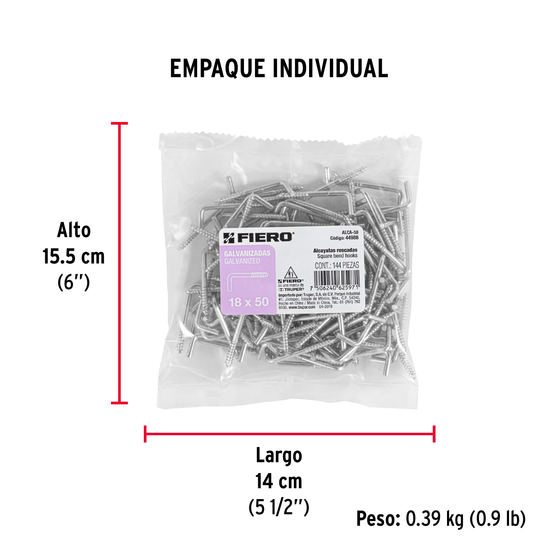 Bolsa con 144 alcayatas roscadas de 18 X 50, FIERO - Empaque