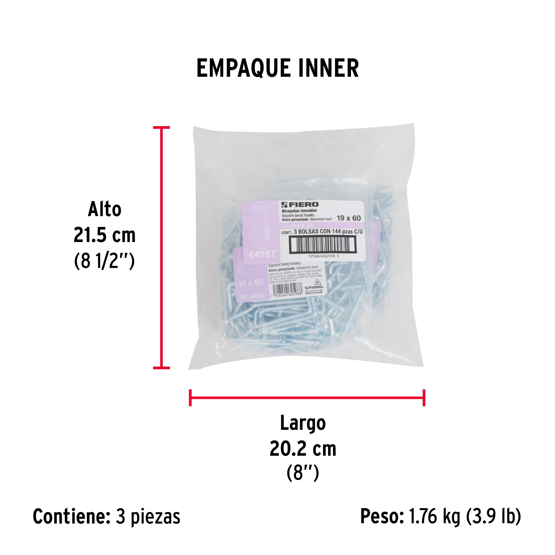 Bolsa con 144 alcayatas roscadas de 19 X 60, FIERO - Empaque