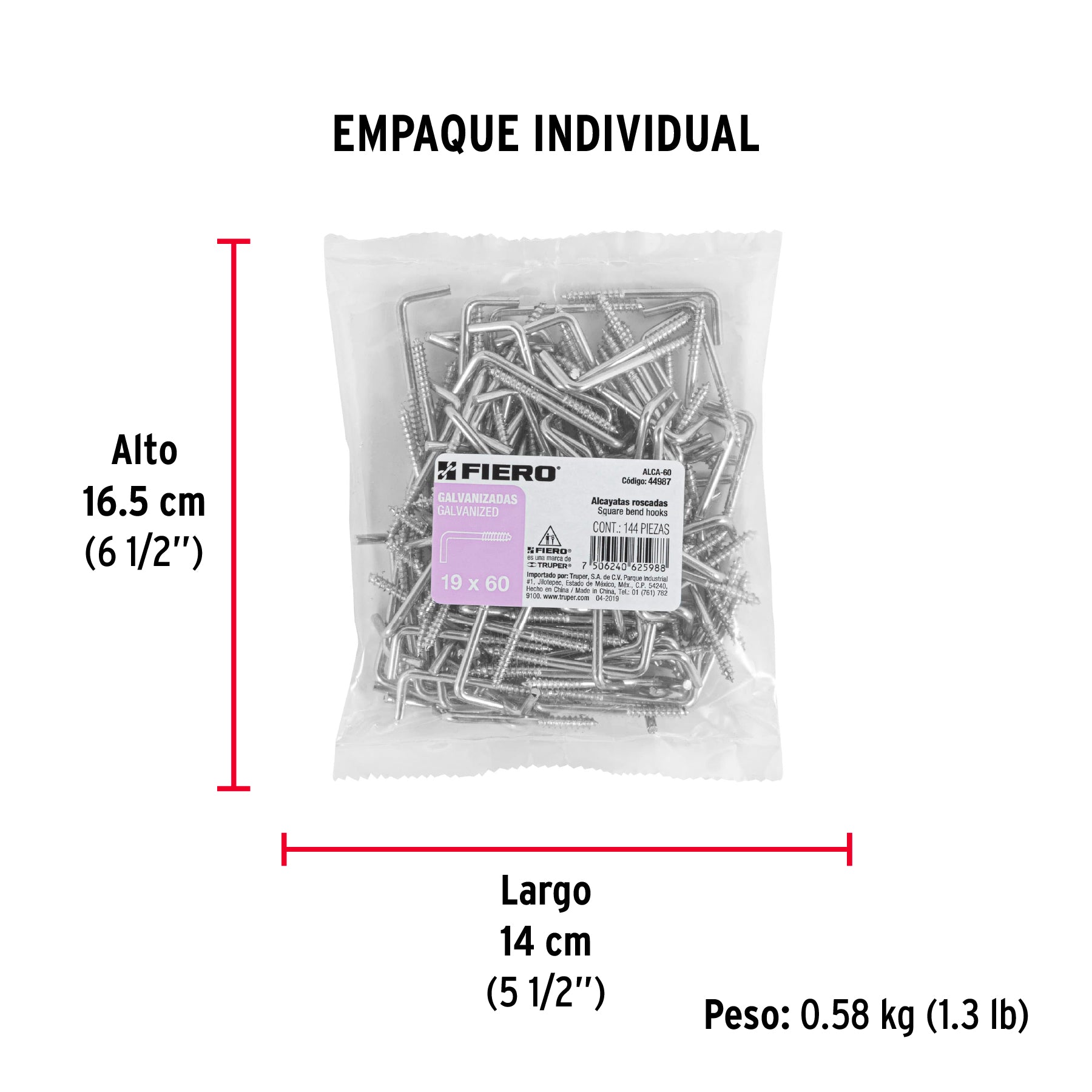 Bolsa con 144 alcayatas roscadas de 19 X 60, FIERO - Empaque