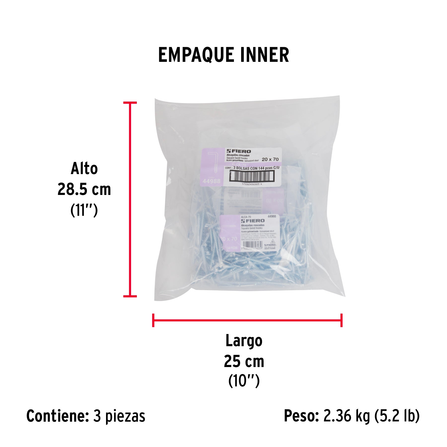 Bolsa con 144 alcayatas roscadas de 20 X 70, FIERO - Empaque