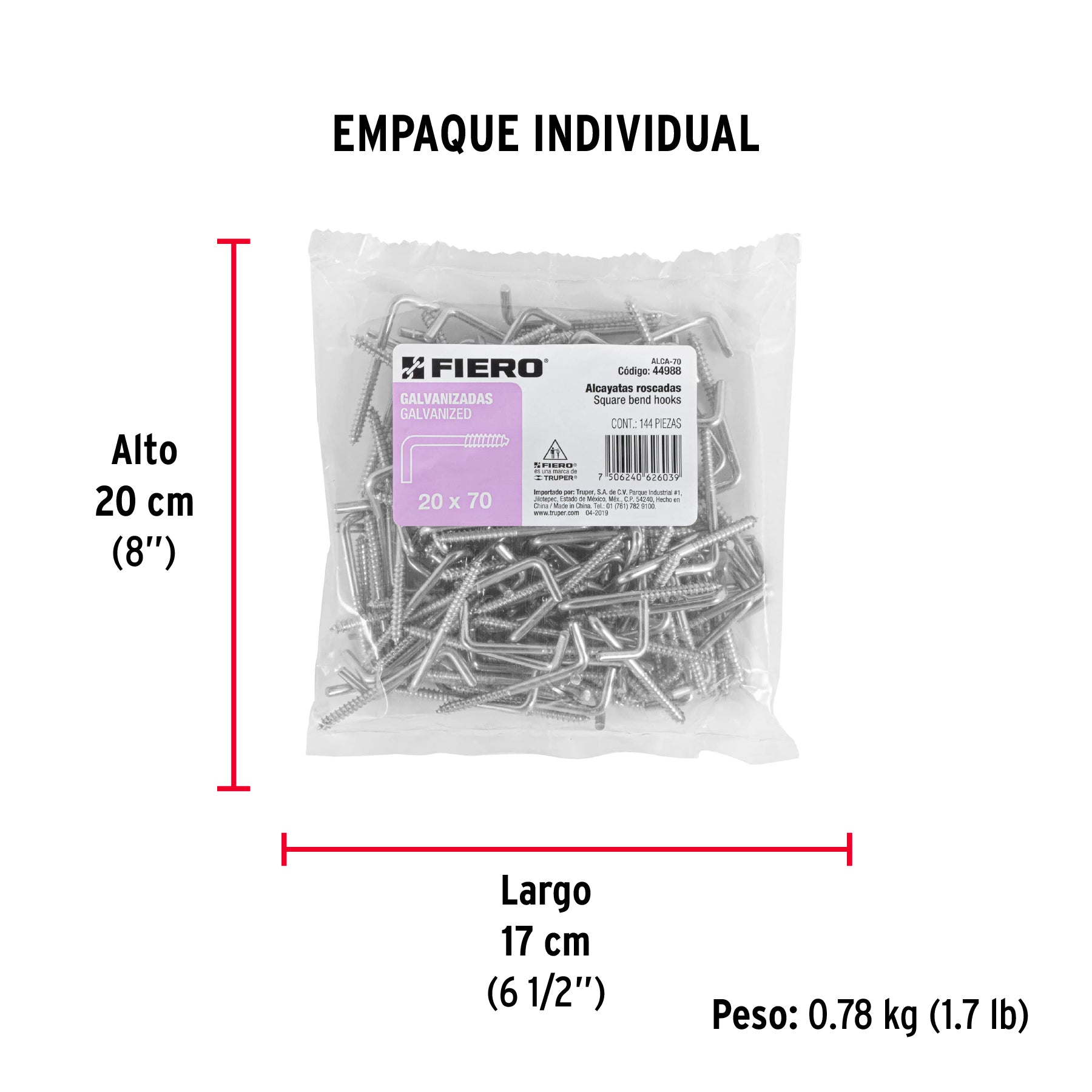 Bolsa con 144 alcayatas roscadas de 20 X 70, FIERO - Empaque