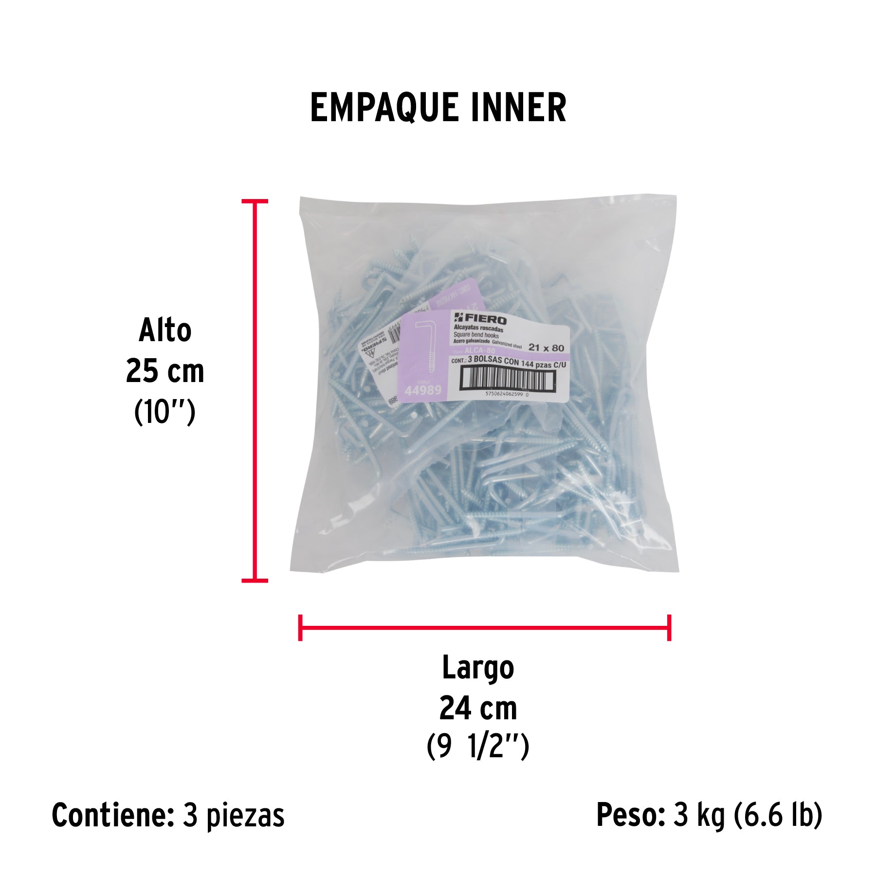 Bolsa con 144 alcayatas roscadas de 21 X 80, FIERO - Empaque