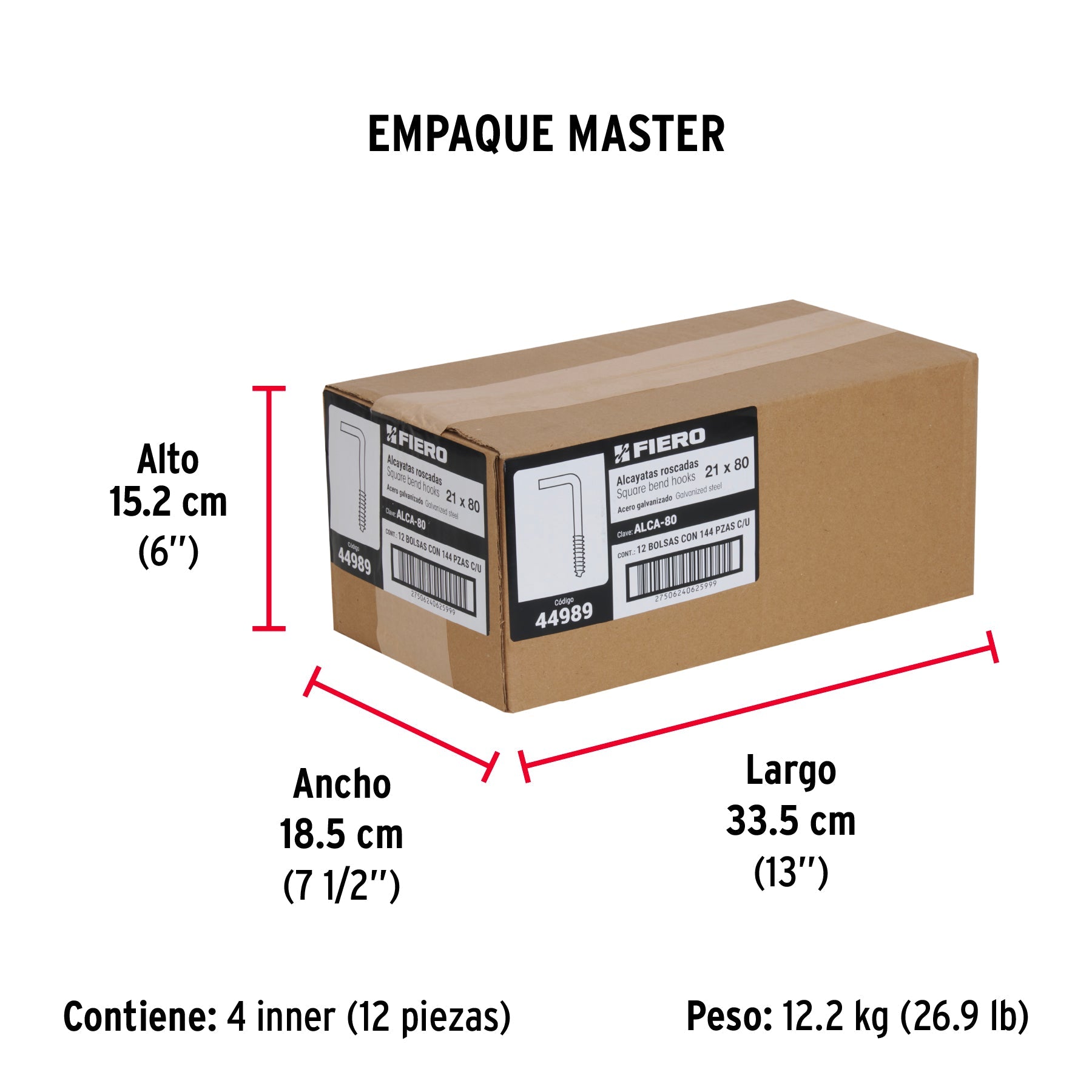 Bolsa con 144 alcayatas roscadas de 21 X 80, FIERO - Empaque