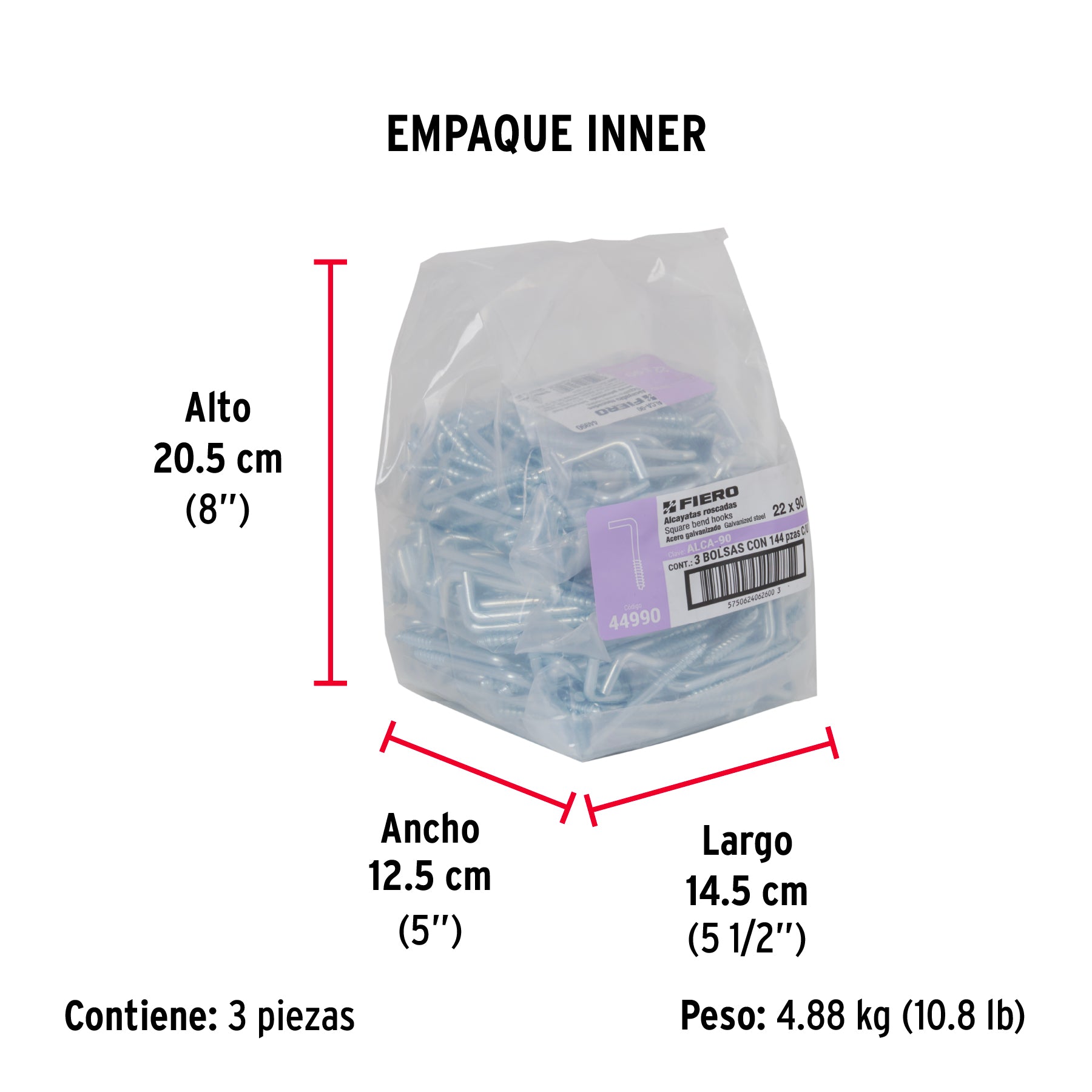 Bolsa con 144 alcayatas roscadas de 22 X 90, FIERO - Empaque