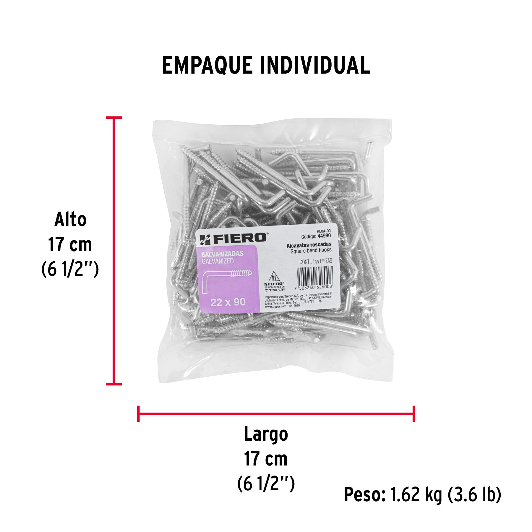Bolsa con 144 alcayatas roscadas de 22 X 90, FIERO - Empaque