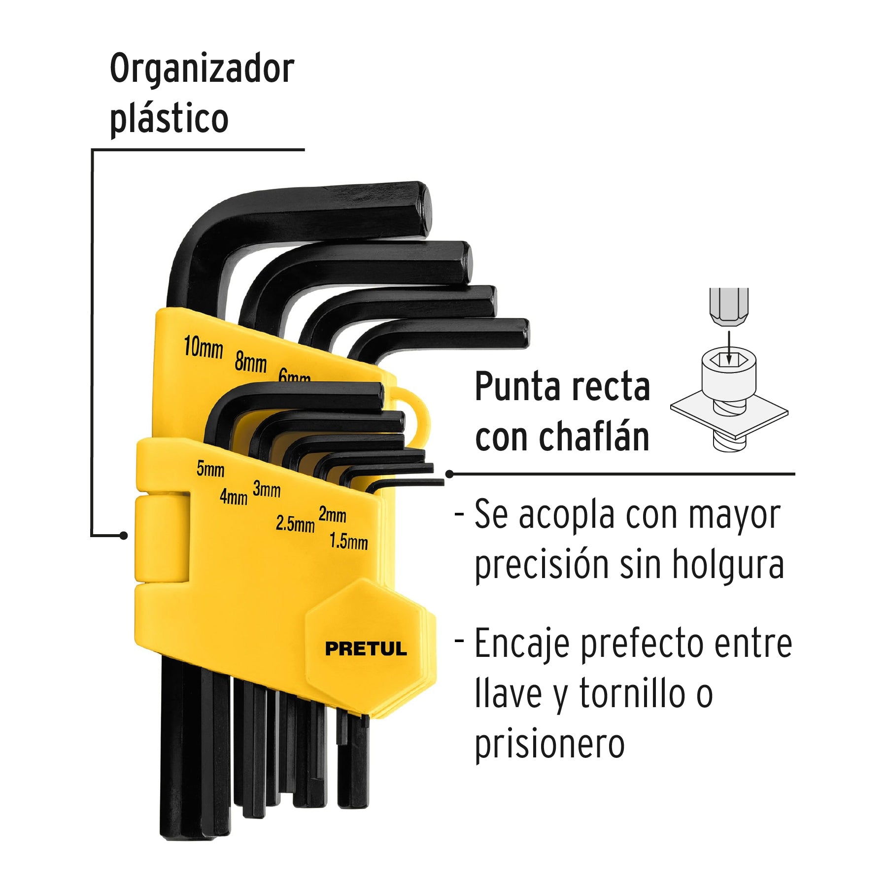 Juego de 10 llaves hexagonales mm, con organizador, PRETUL