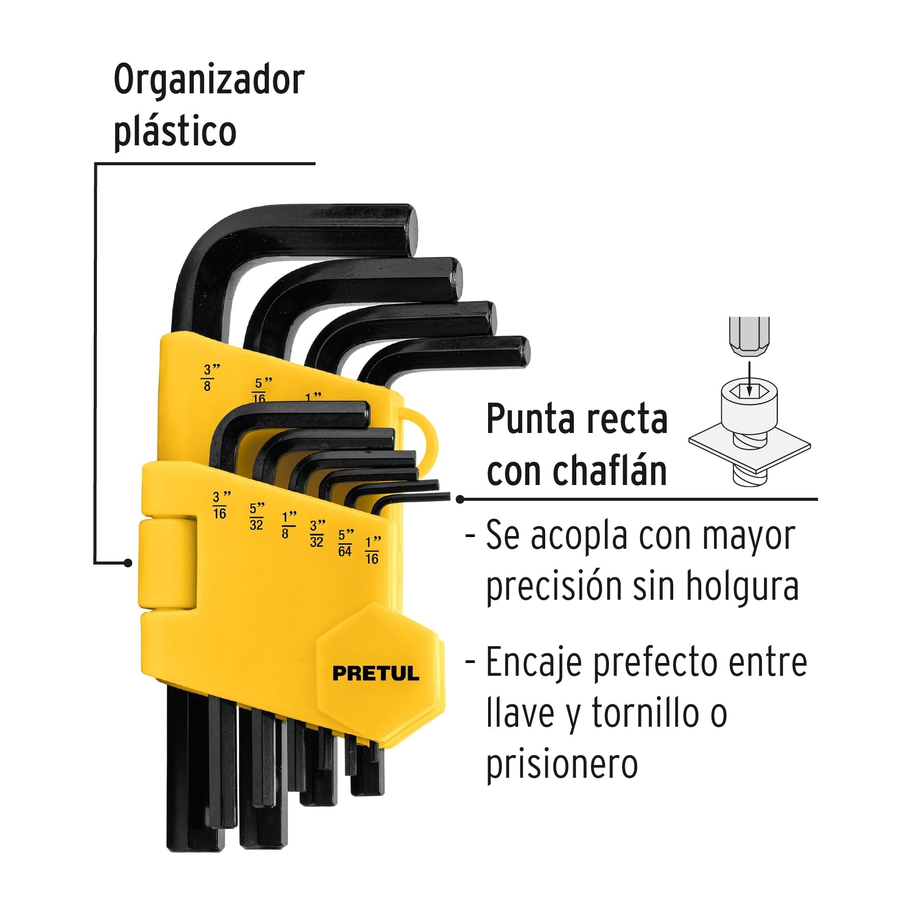 Juego de 10 llaves hexagonales std, con organizador, PRETUL