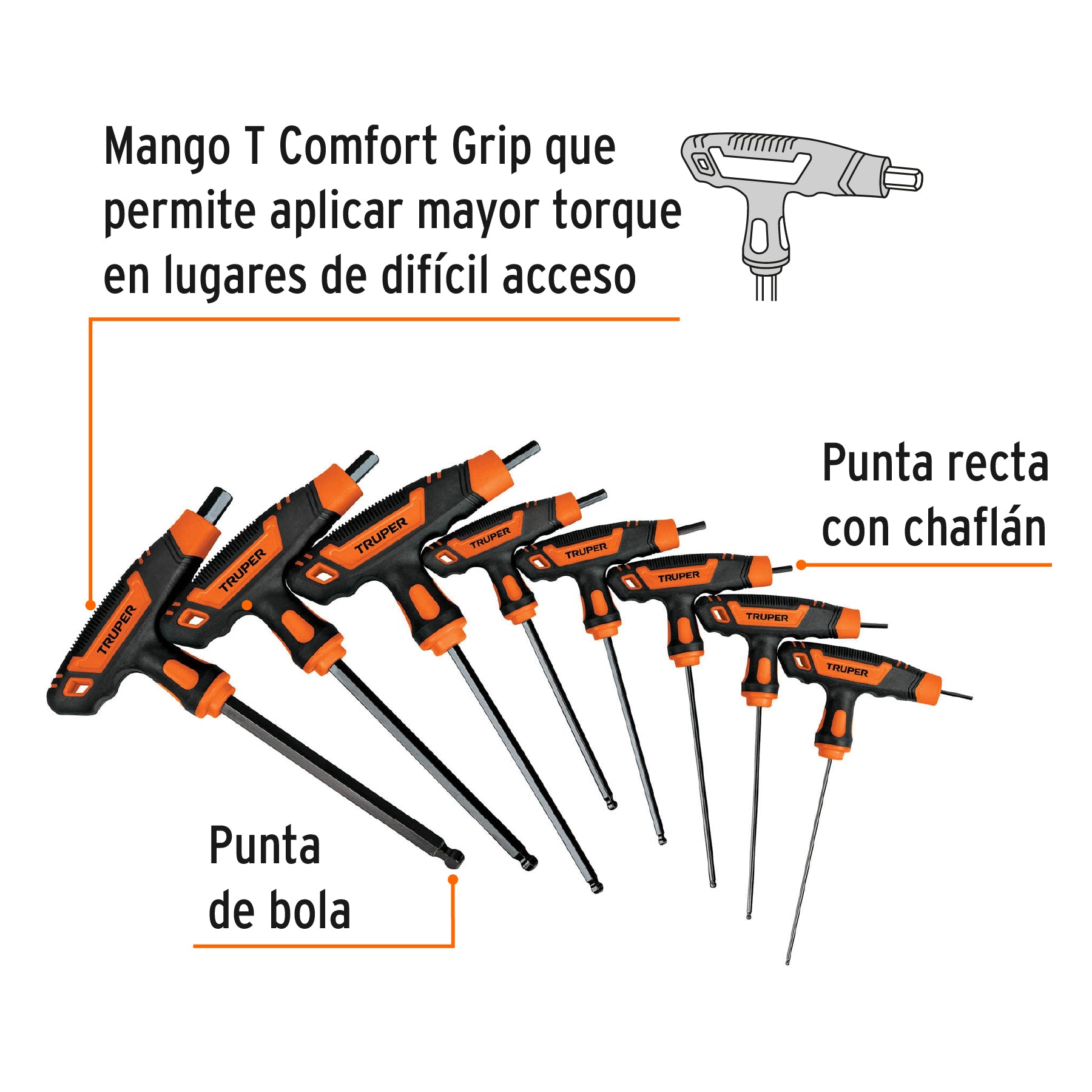 Juego 8 llaves hexagonales std extralarga mango T,punta bola