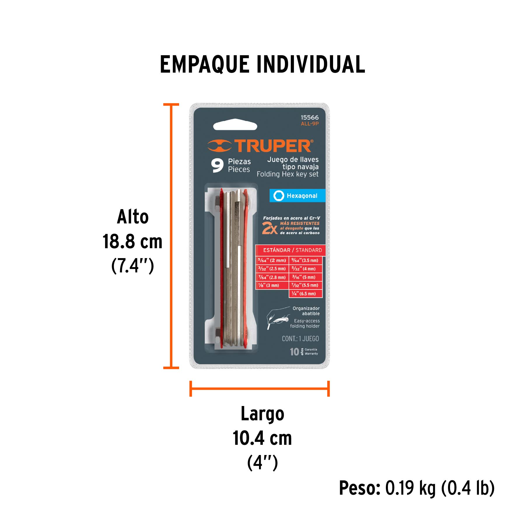 Juego de 9 llaves hexagonales std, tipo navaja, TRUPER - Empaque