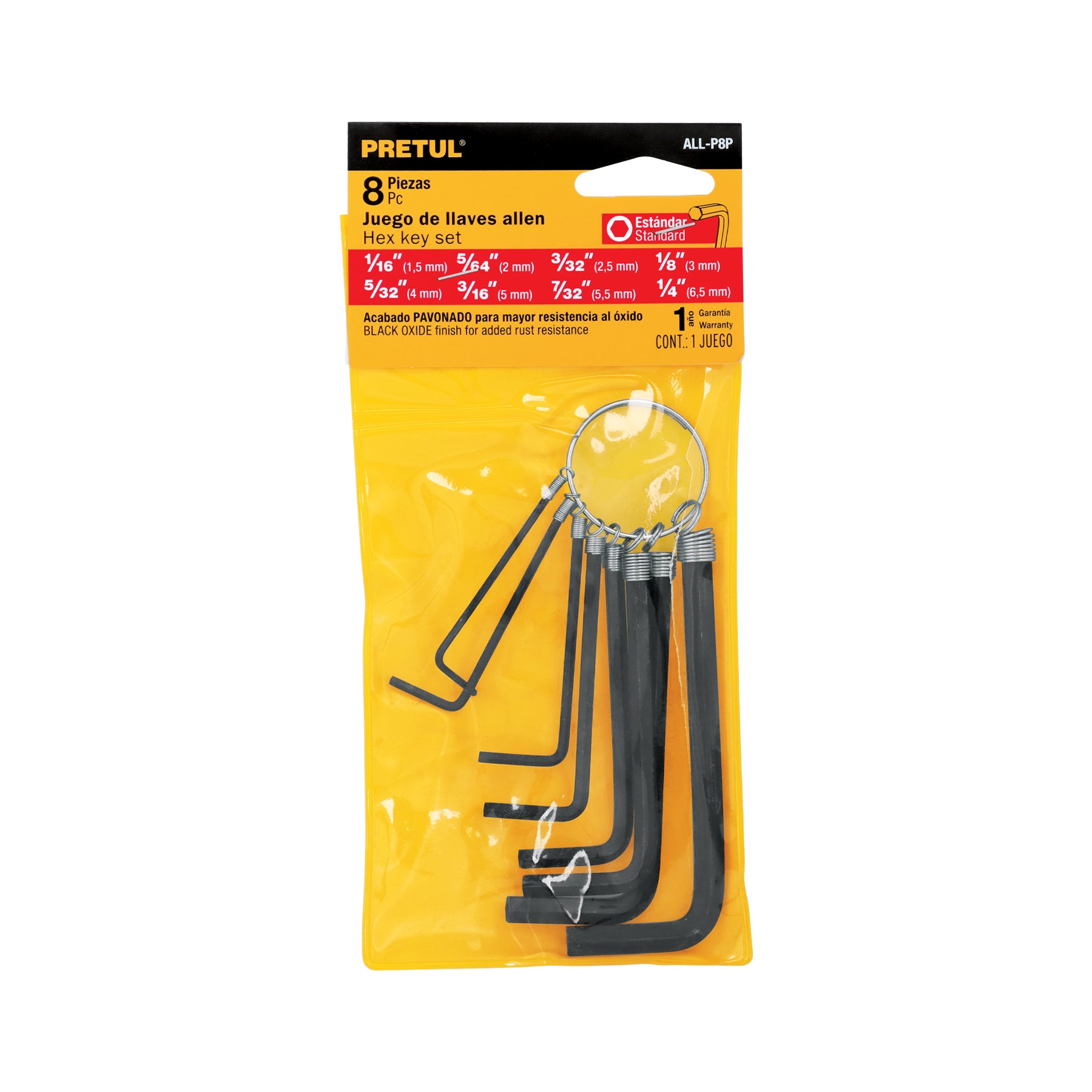 Juego de 8 llaves hexagonales std, tipo llavero,PRETUL
