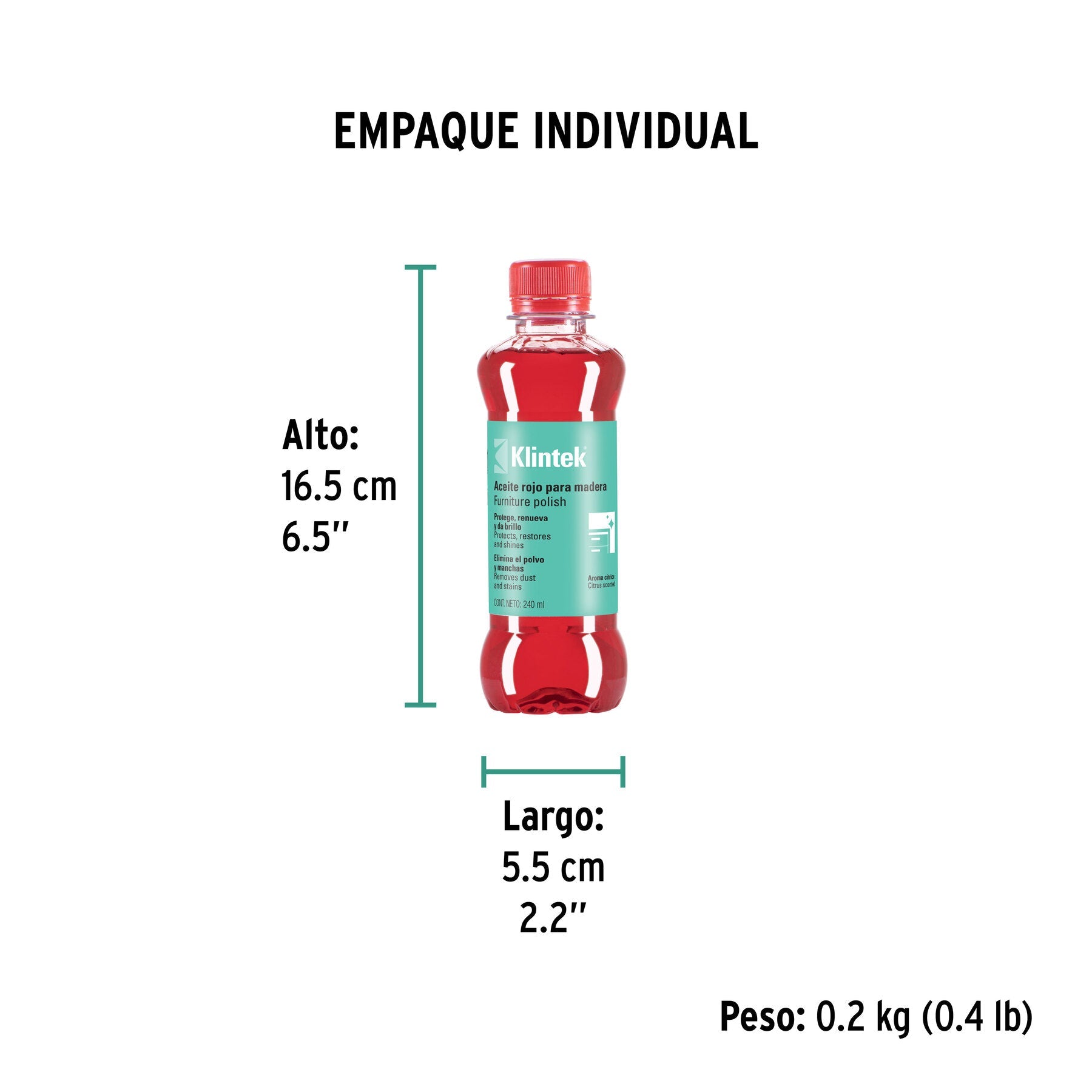 Aceite rojo para muebles, 240 ml, KLINTEK - Empaque