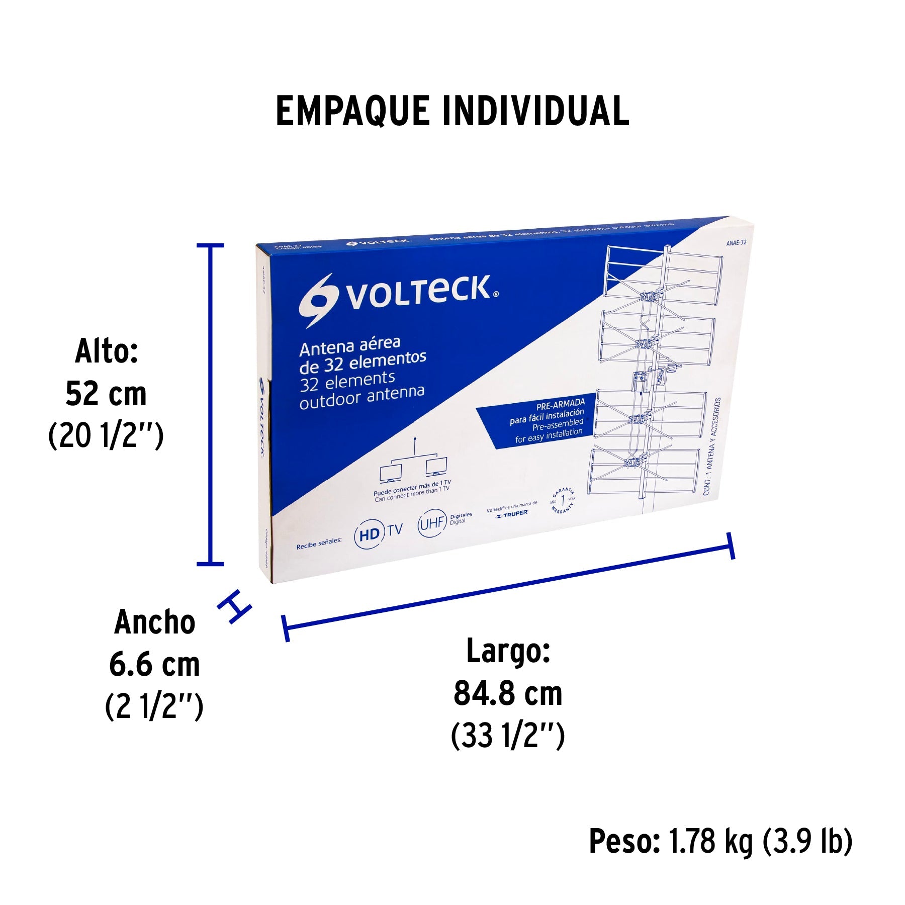 Antena aérea para HD TV, 32 elementos, 10 dB, VOLTECK - Empaque