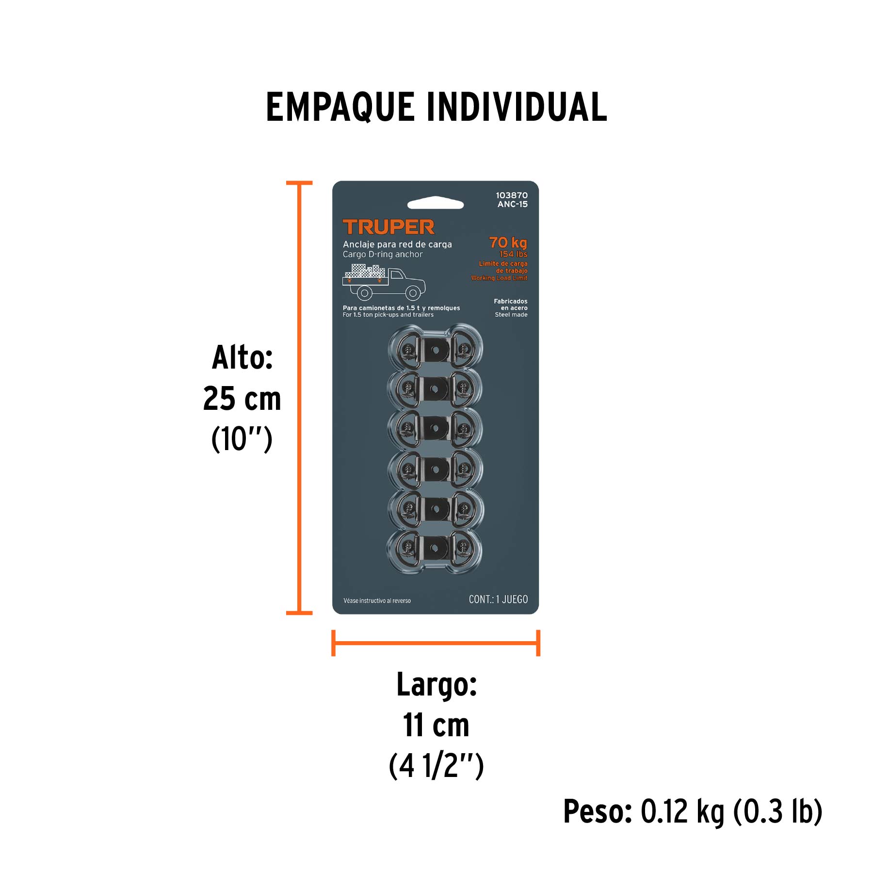 12 anclajes para amarre de carga, anillo en "D" espesor 1/8" - Empaque