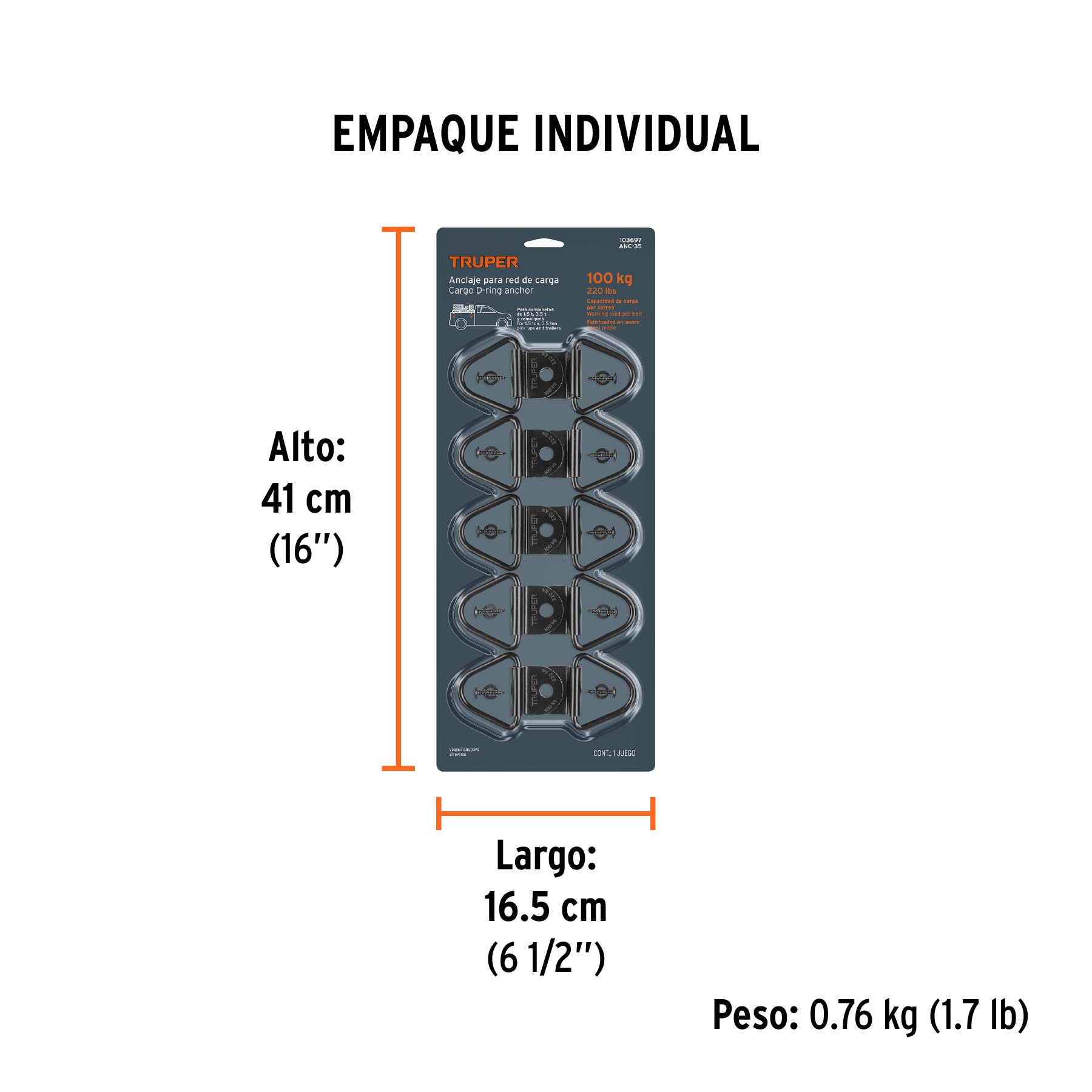 10 anclajes para amarre de carga, anillo en "V" espesor 1/4" - Empaque