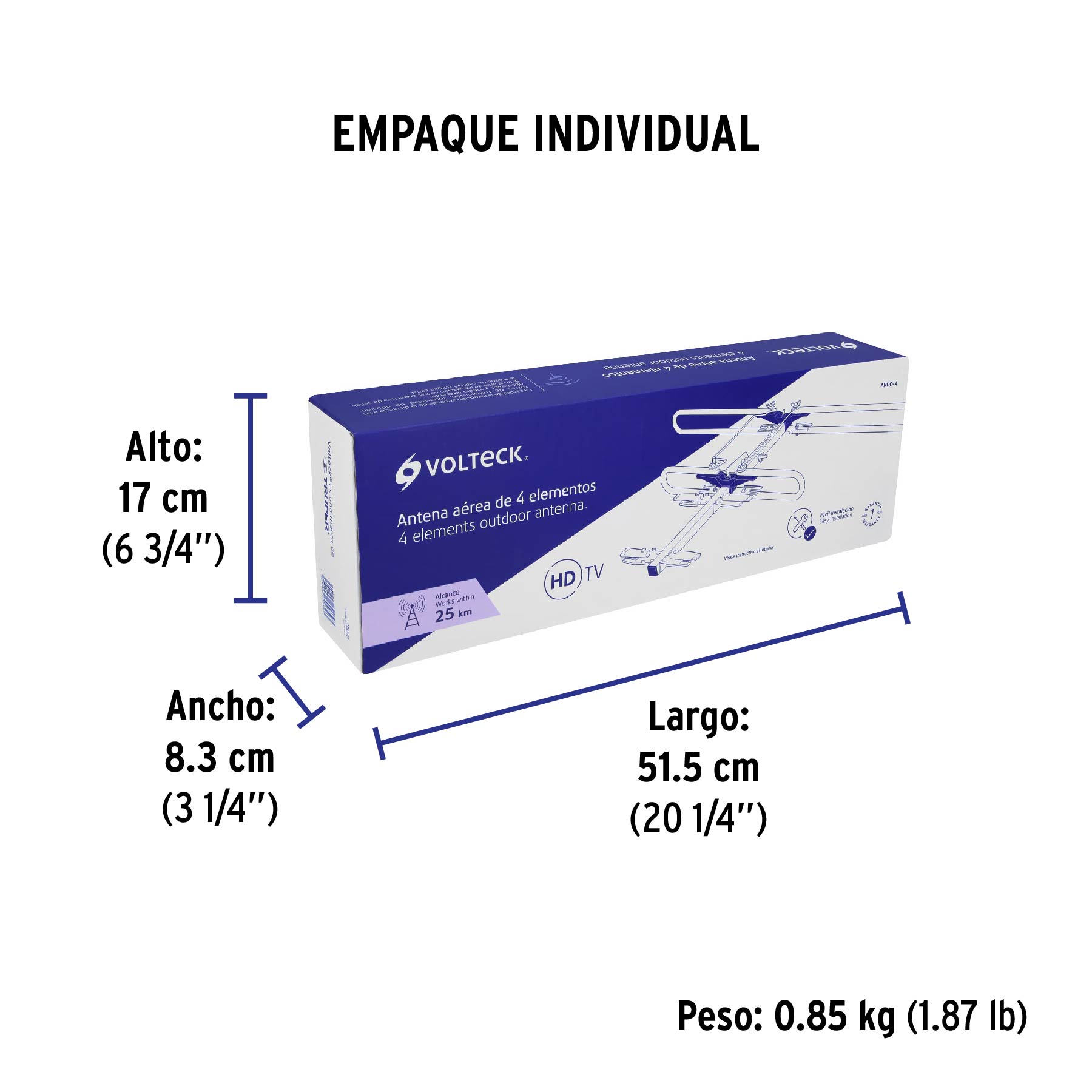 Antena aérea para HD TV, 4 elementos, 2 dB, VOLTECK - Empaque