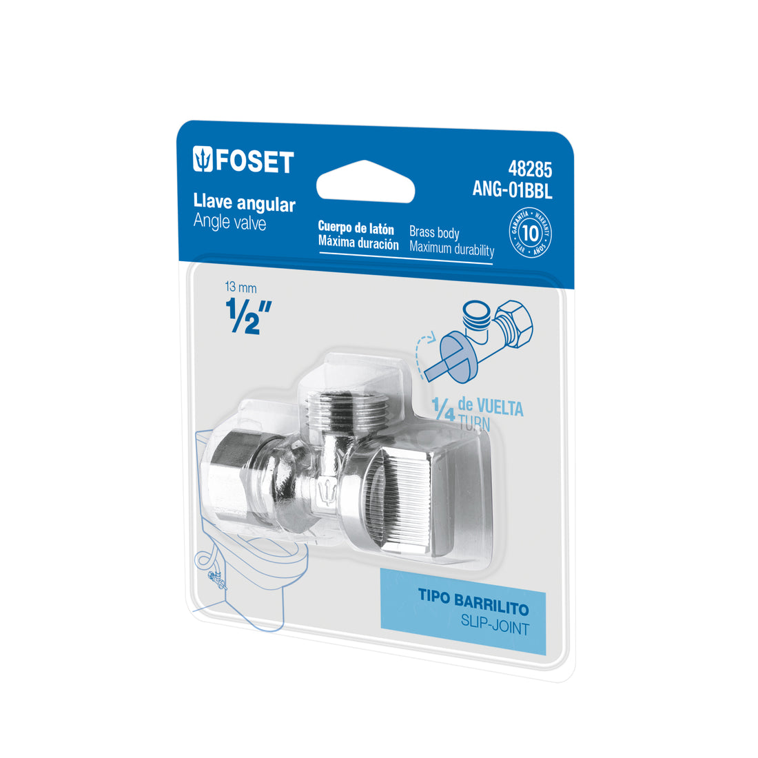 Llave angular 1/2", 1/4 de vuelta, barrilito, blíster, FOSET