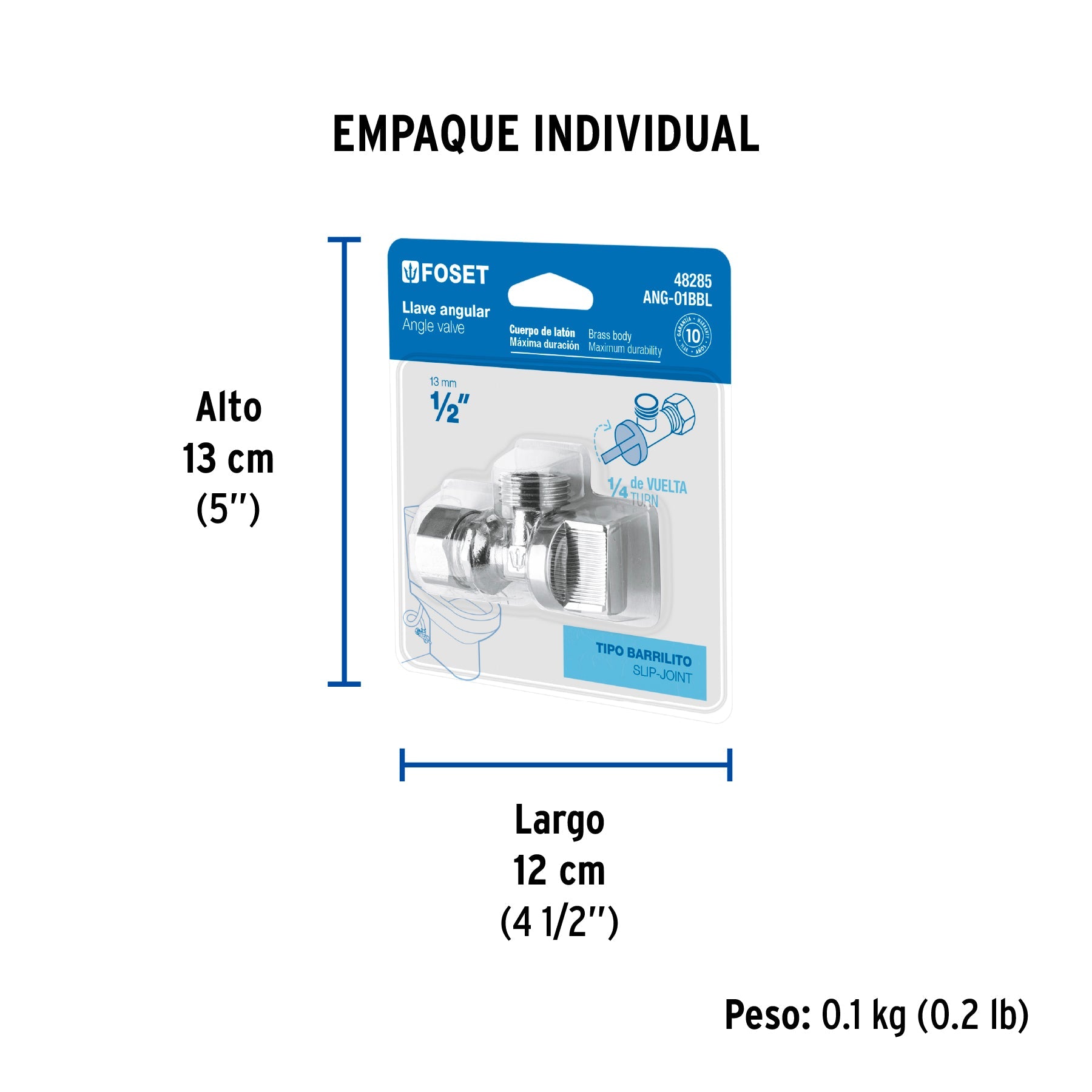 Llave angular 1/2", 1/4 de vuelta, barrilito, blíster, FOSET - Empaque