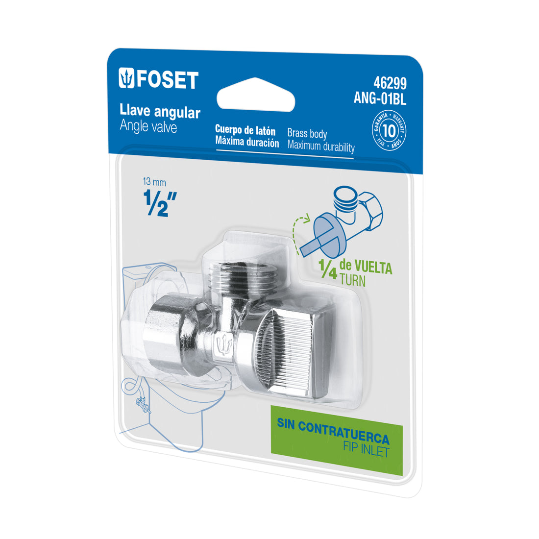 Llave angular 1/2", 1/4 de vuelta, roscable, blíster, FOSET