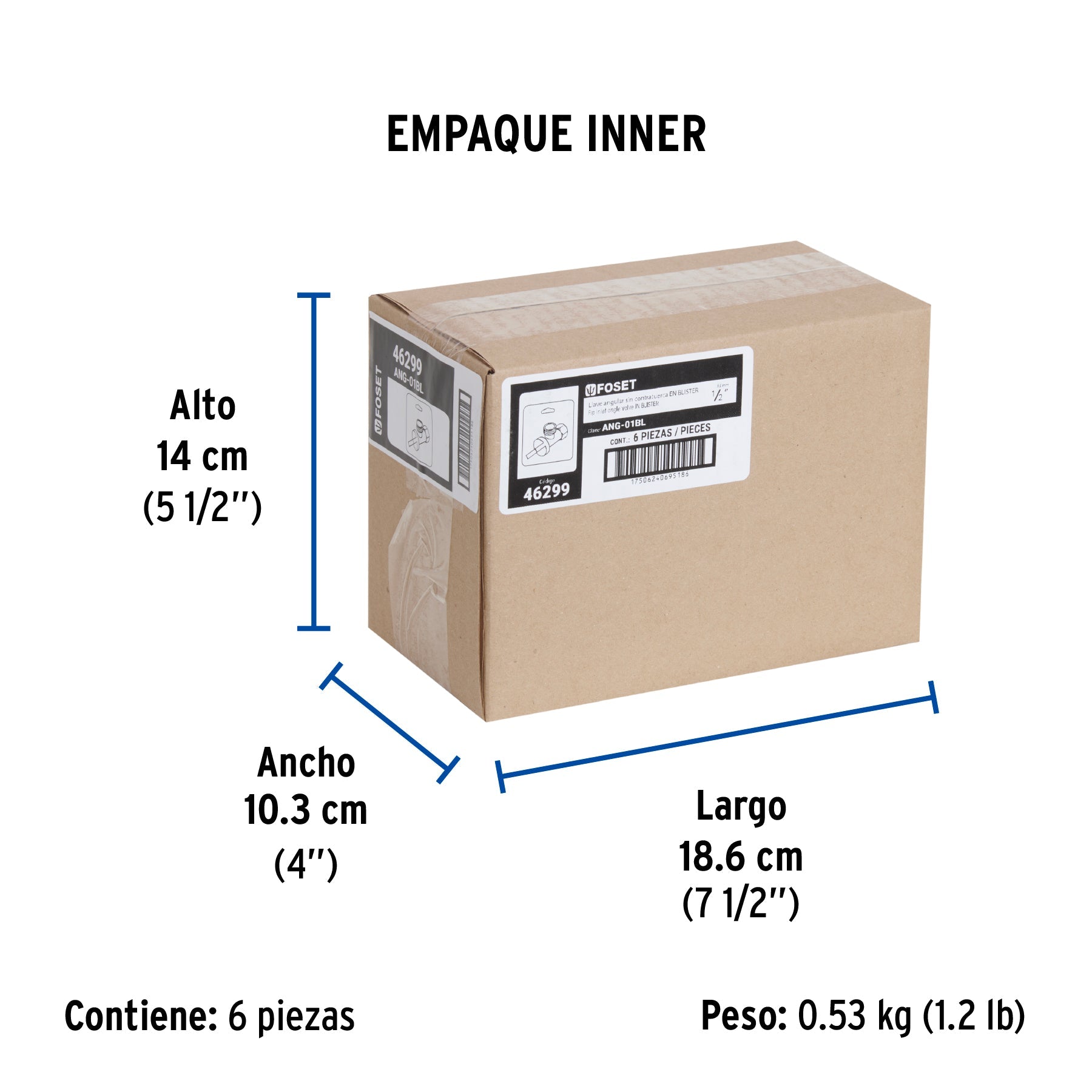 Llave angular 1/2", 1/4 de vuelta, roscable, blíster, FOSET - Empaque