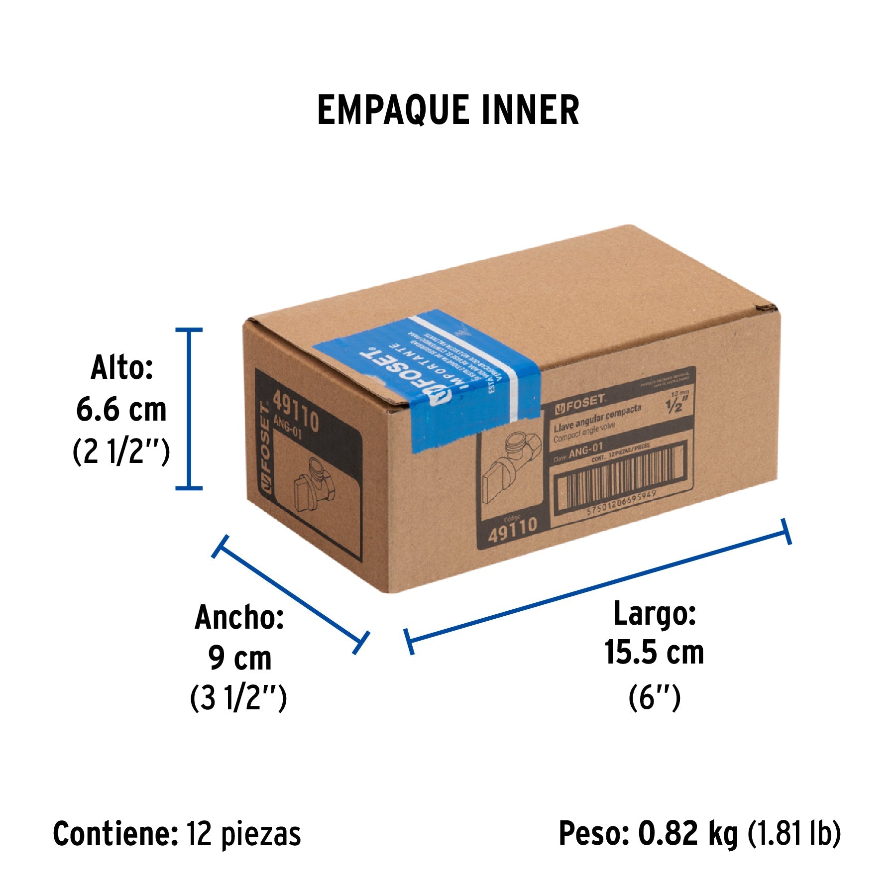 Llave angular 1/2", 1/4 de vuelta, roscable, FOSET - Empaque