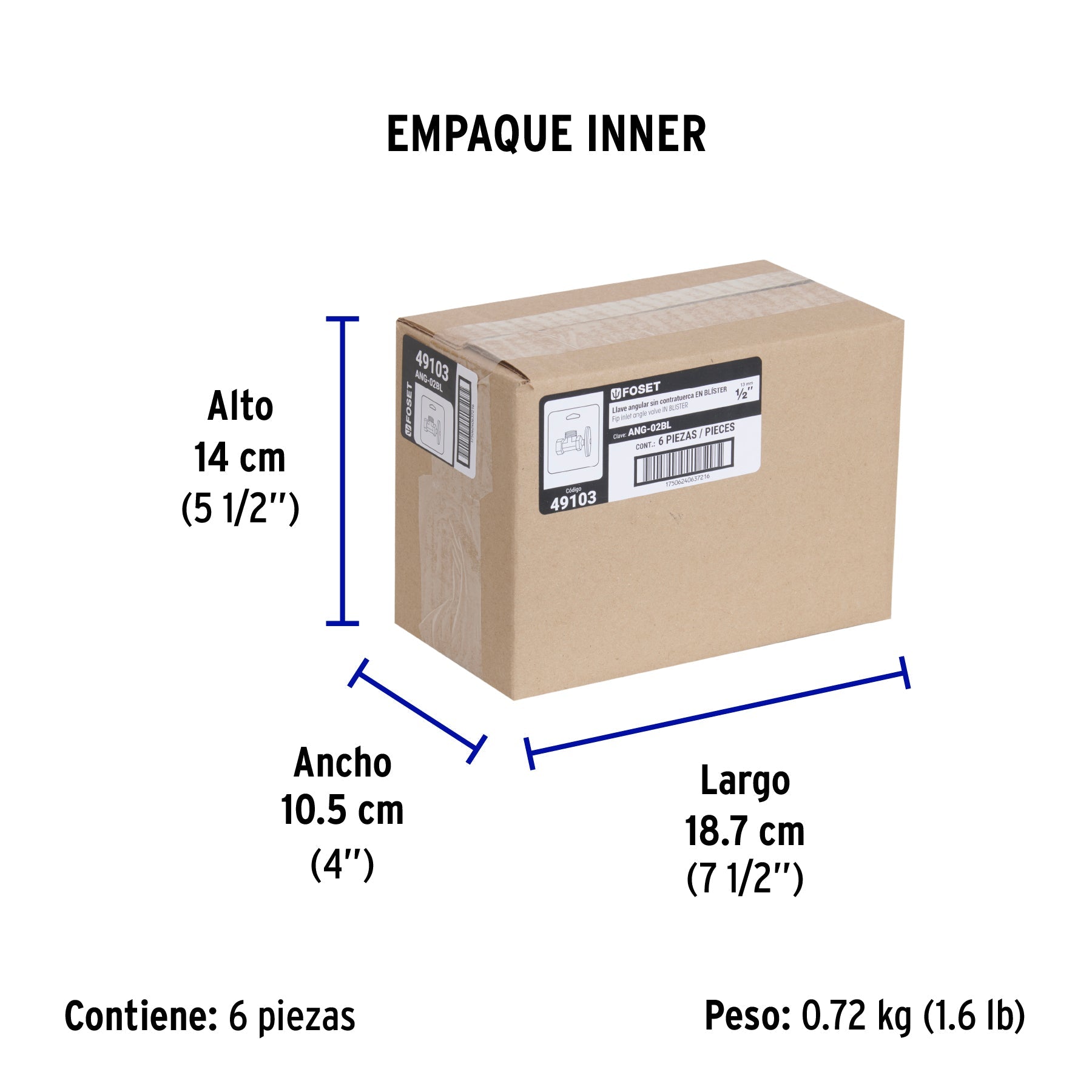 Llave angular 1/2", multivuelta, roscable, blíster, FOSET - Empaque