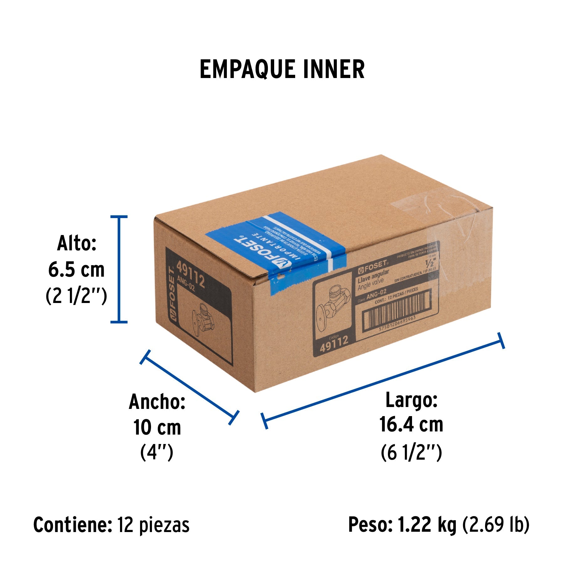 Llave angular 1/2", multivuelta, roscable, FOSET - Empaque