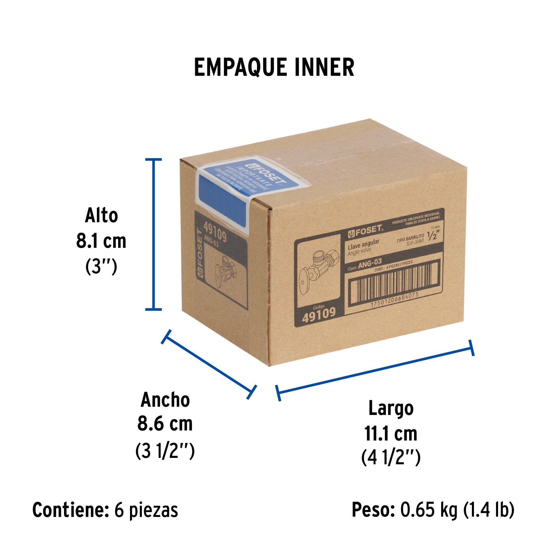 Llave angular 1/2", multivuelta, barrilito, FOSET - Empaque