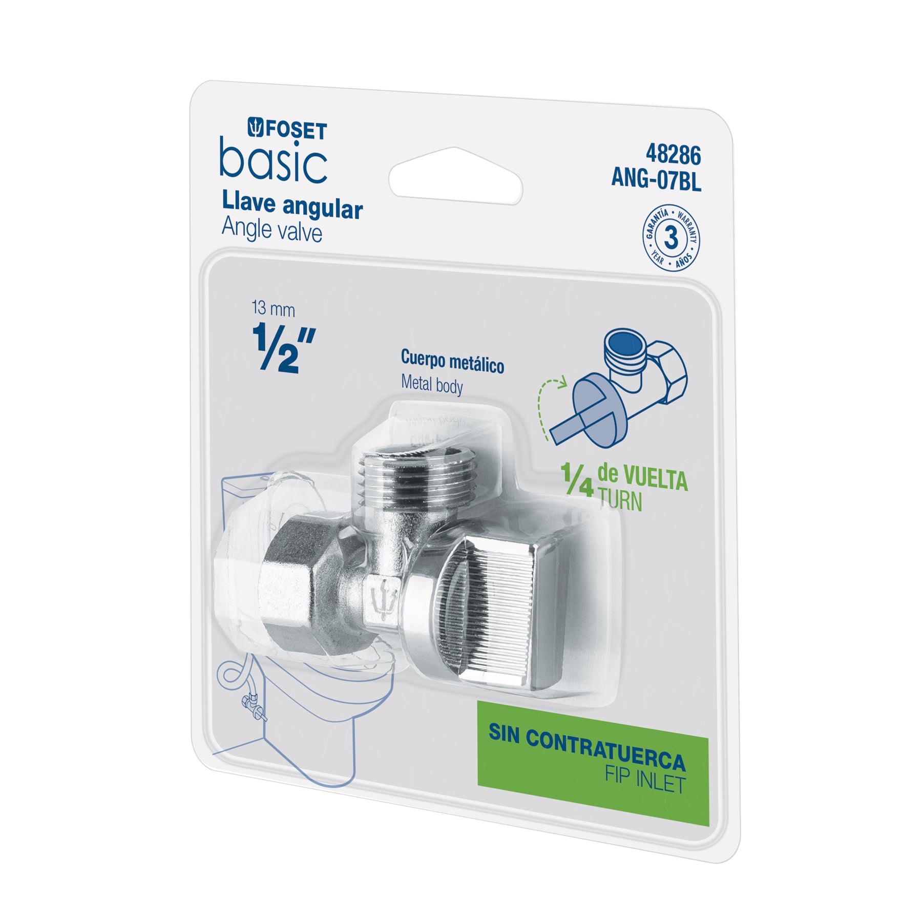 Llave angular 1/2", 1/4 de vuelta, roscable, blíster, BASIC