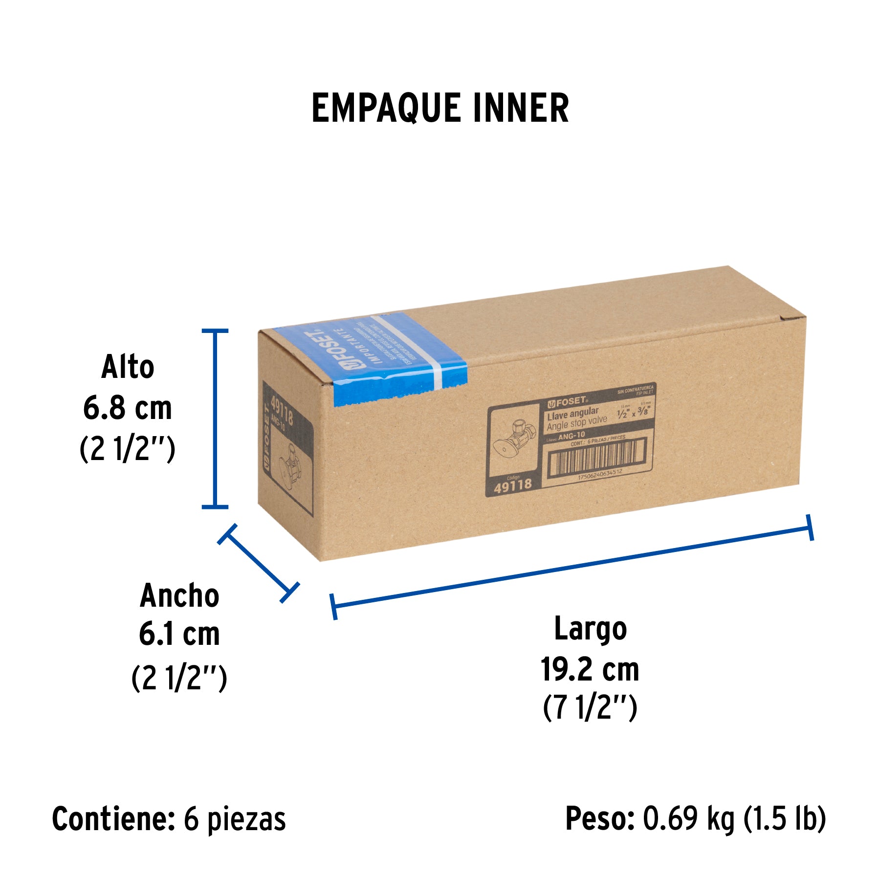 Llave angular 1/2 x 3/8", multivuelta, barrilito, FOSET - Empaque
