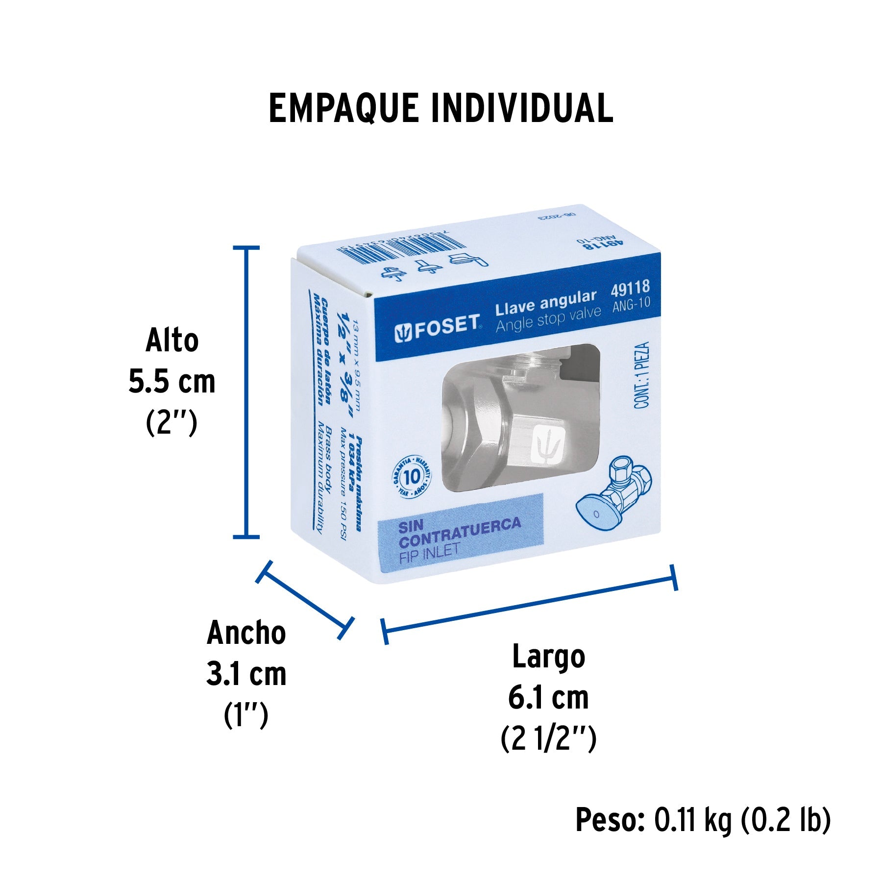 Llave angular 1/2 x 3/8", multivuelta, barrilito, FOSET - Empaque